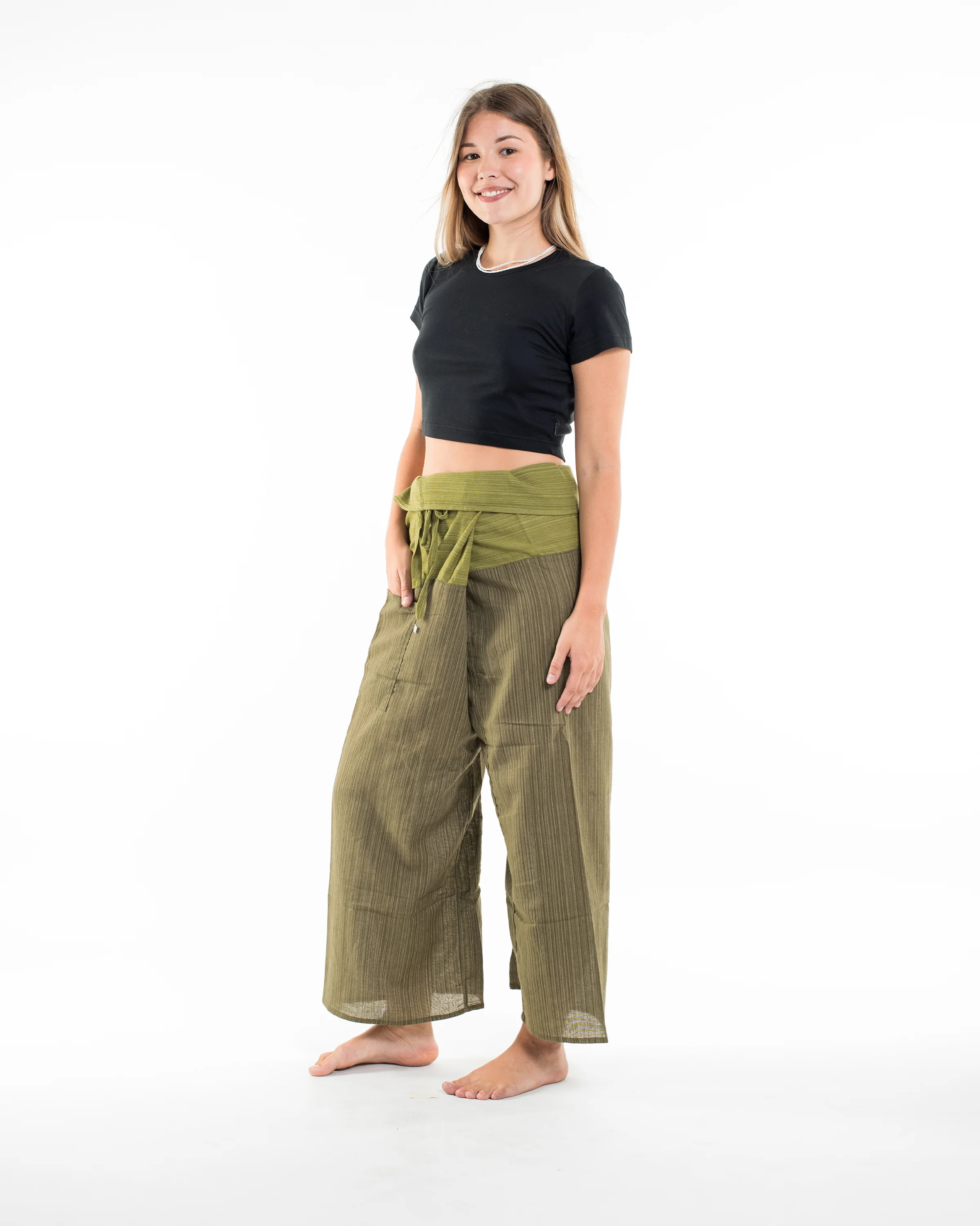 Unisex 2-Tone Pinstripes Thai Fisherman Pants in Green - Image 4