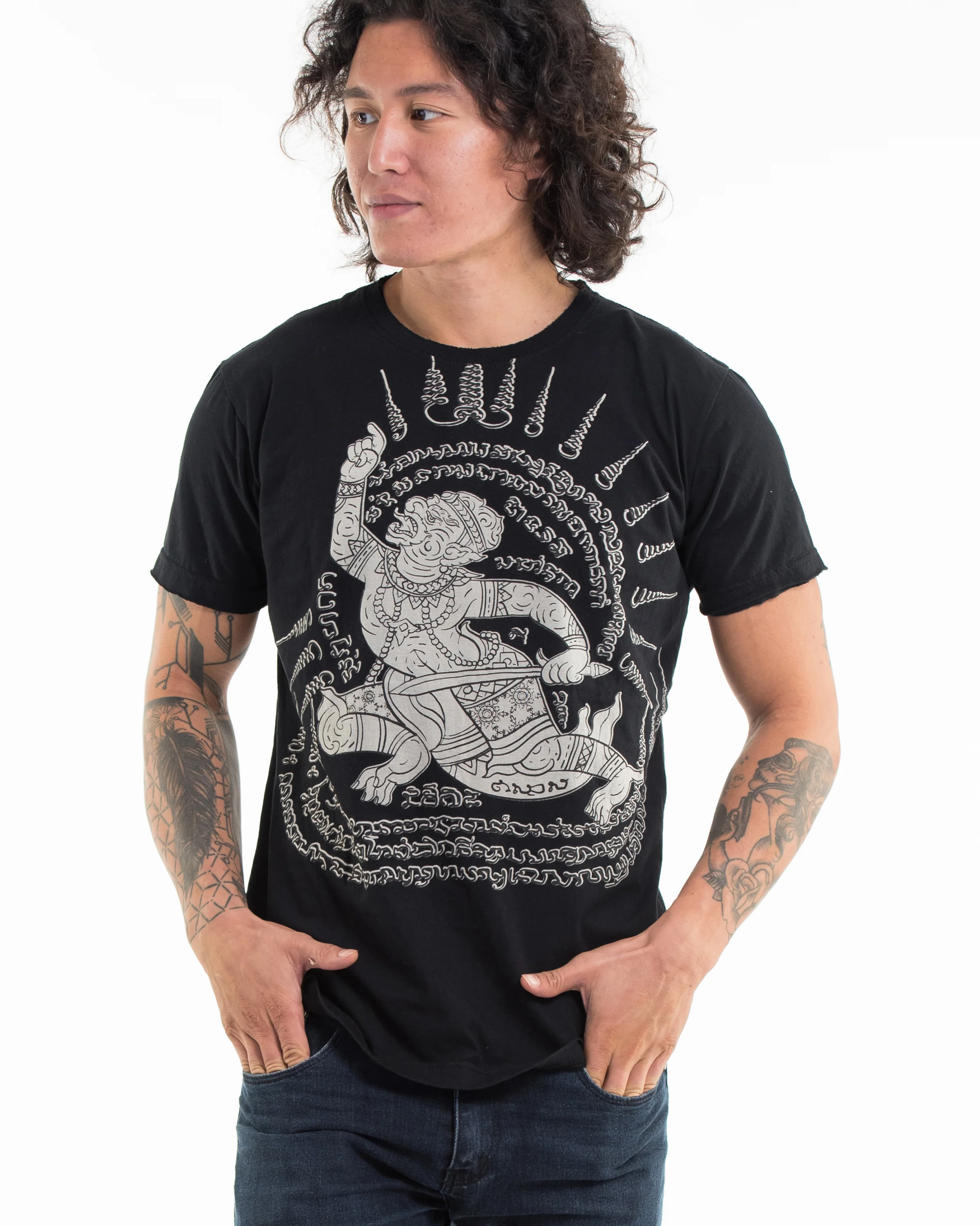 Unisex Hanuman Tattoo Cotton T-Shirt in Black - Image 2