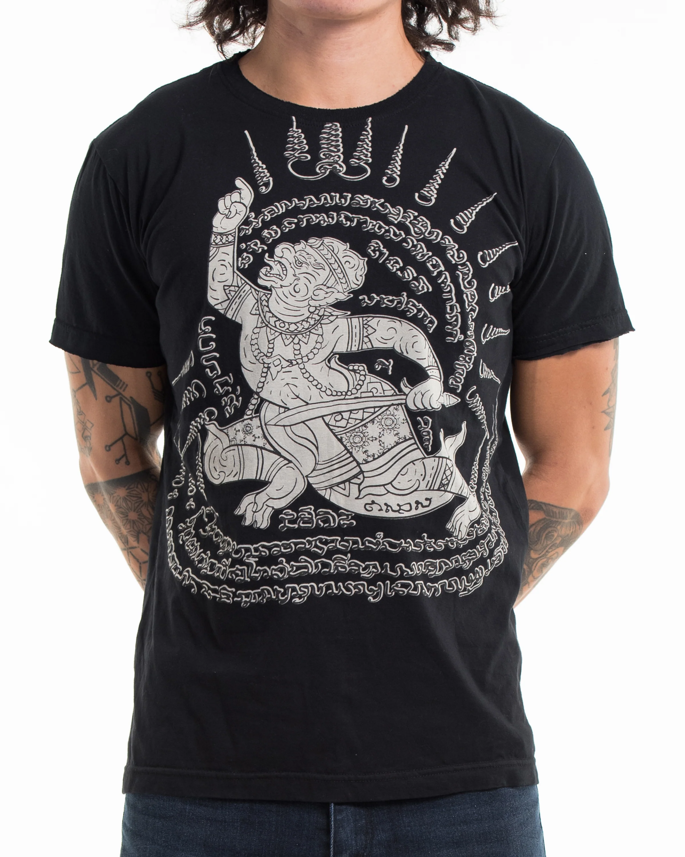Unisex Hanuman Tattoo Cotton T-Shirt in Black - Image 3