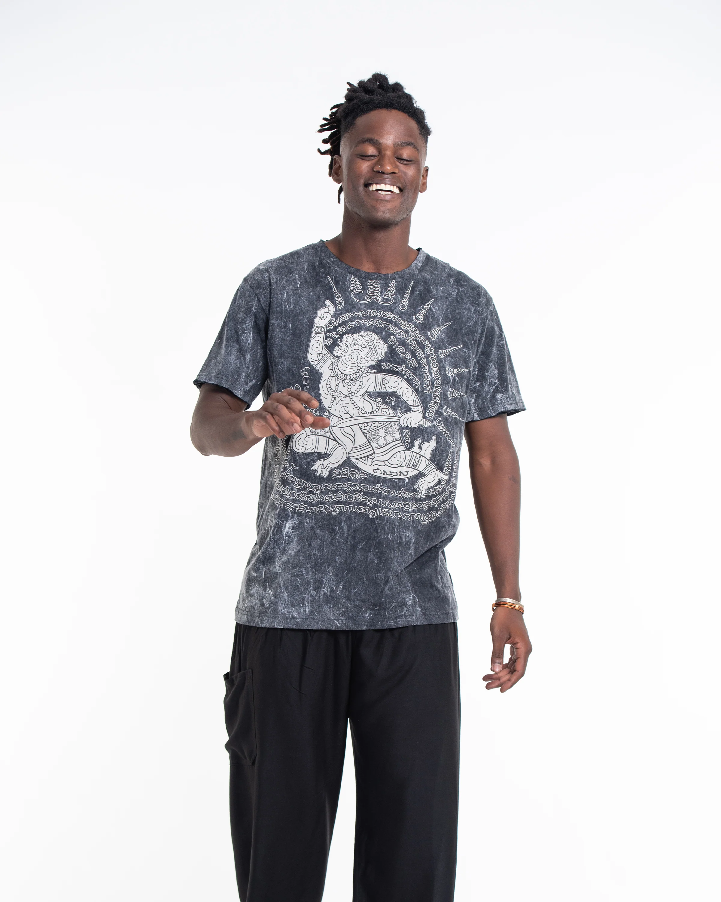 Unisex Hanuman Tattoo Stone Washed Cotton T-Shirt in Black - Image 5
