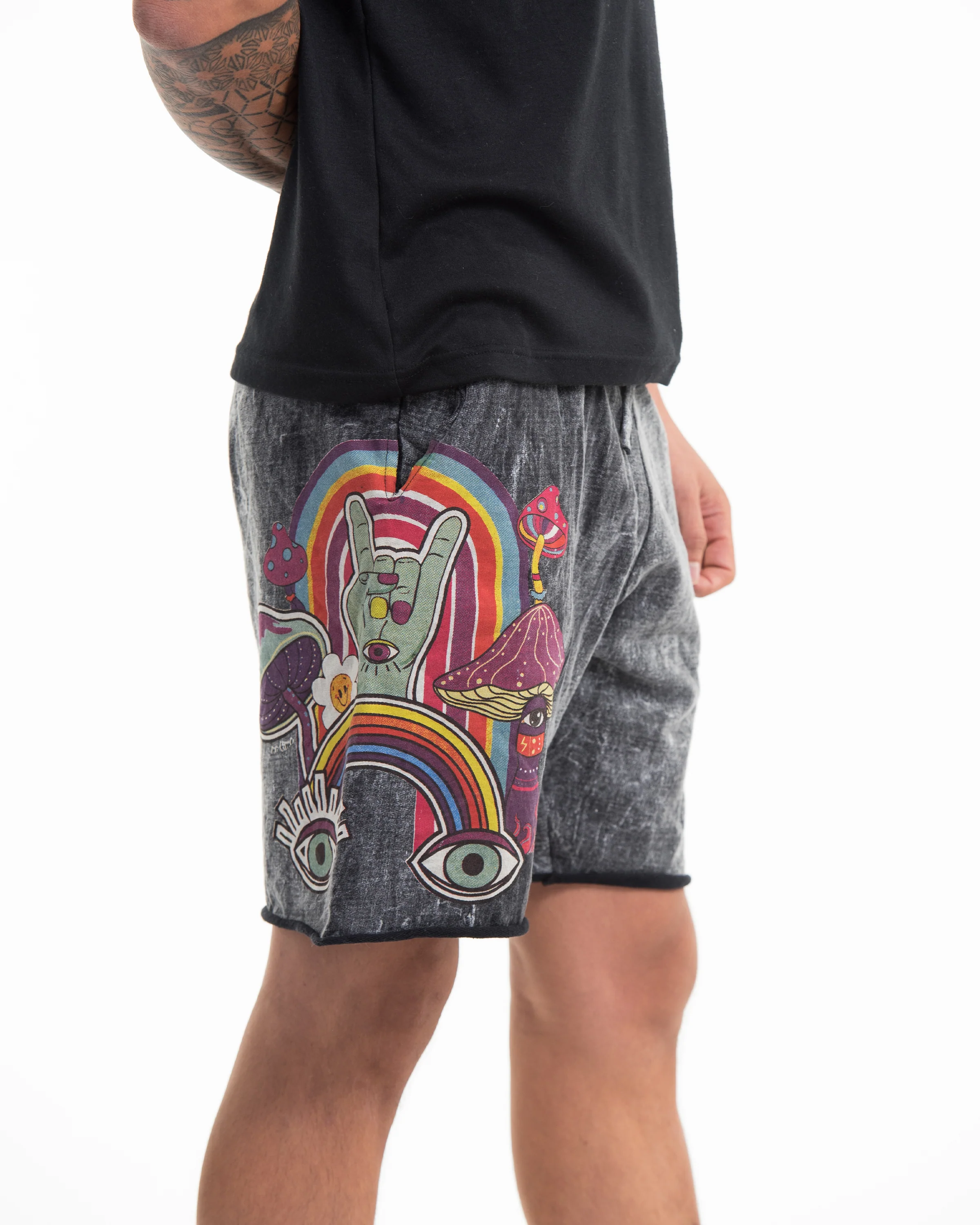 Unisex Mushroom Stone Washed Shorts in Black - Image 2
