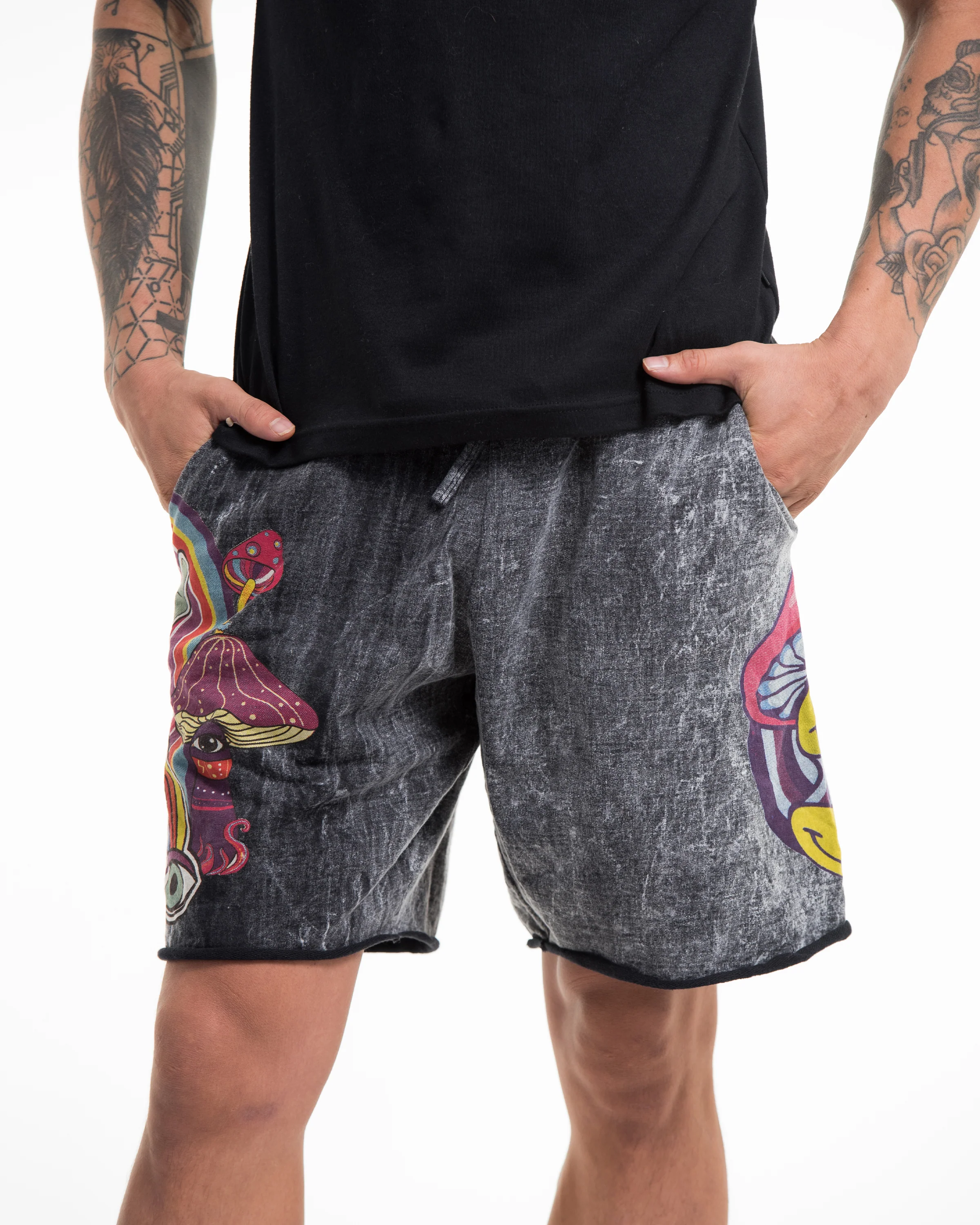 Unisex Mushroom Stone Washed Shorts in Black - Image 3