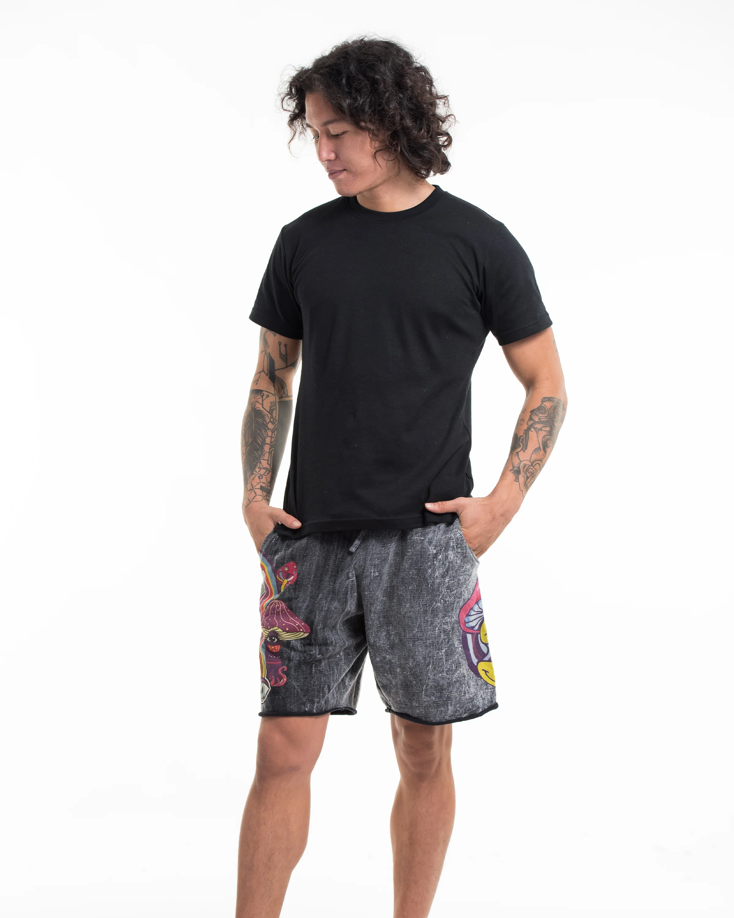 Unisex Mushroom Stone Washed Shorts in Black - Image 4