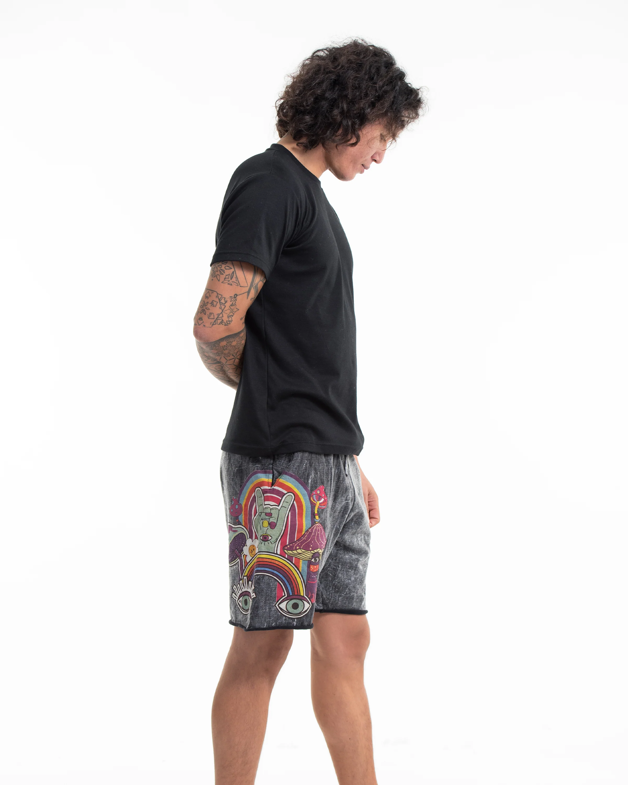 Unisex Mushroom Stone Washed Shorts in Black - Image 5