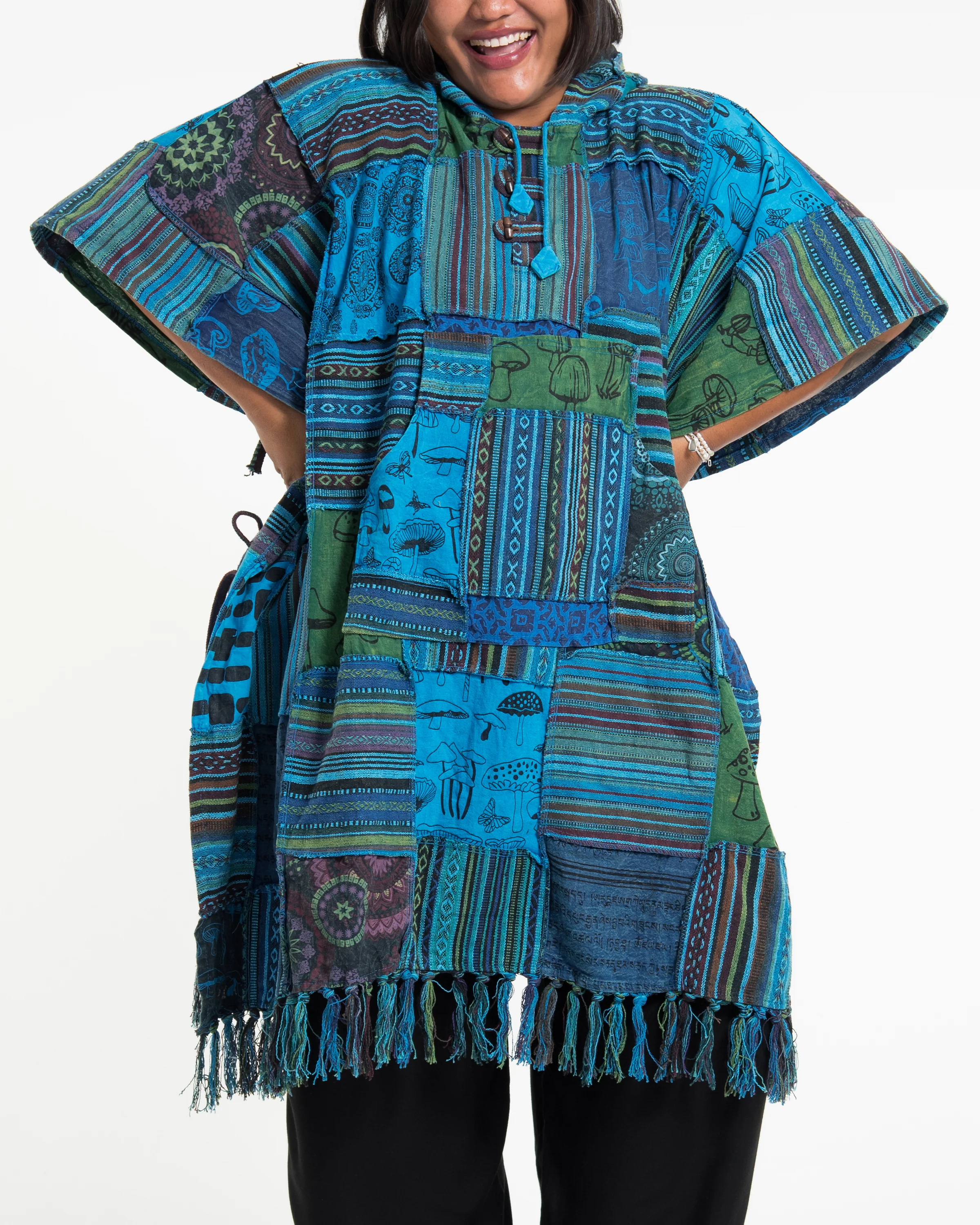 Unisex Patchwork Stonewash Hooded Poncho in Blue - Image 2