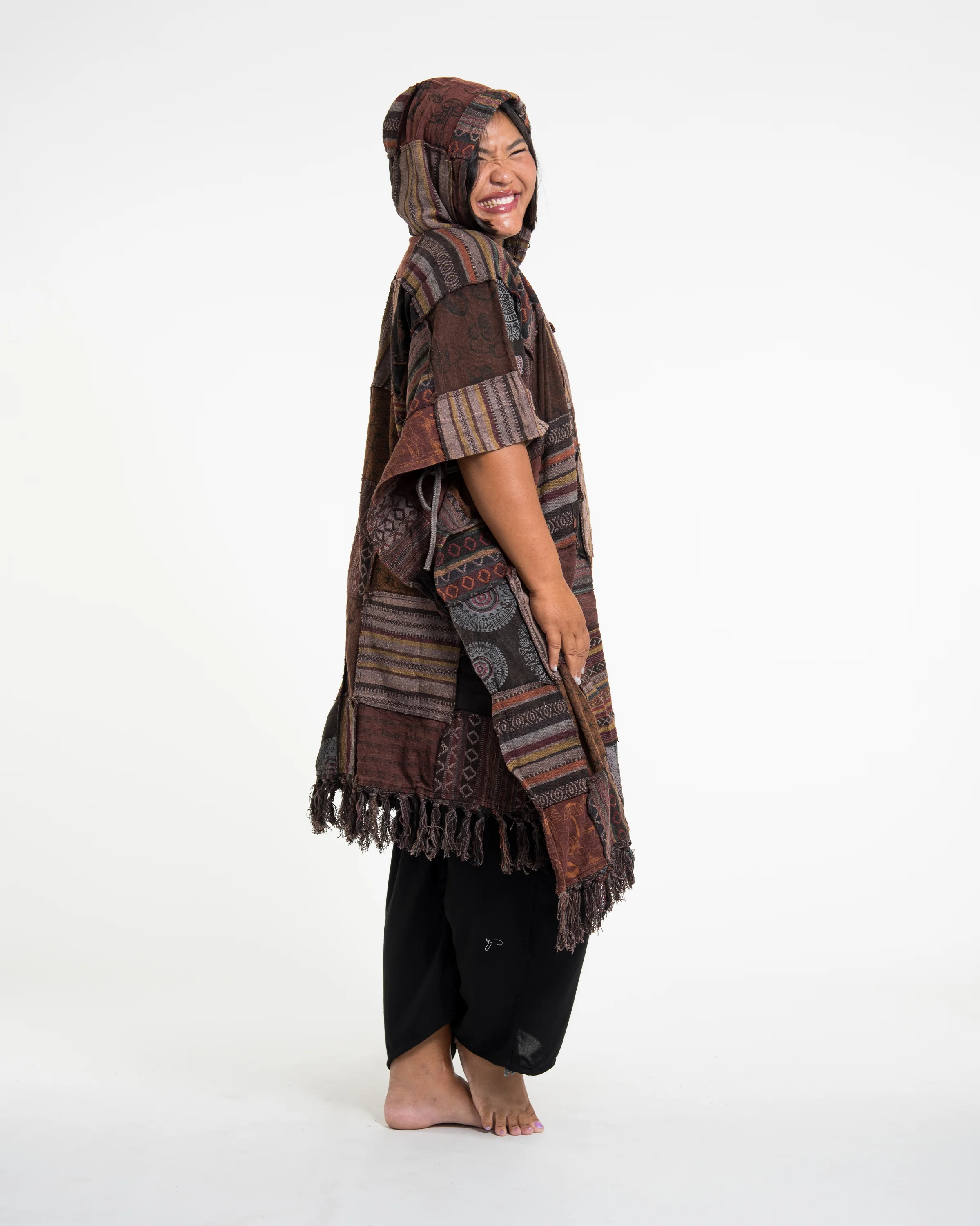 Unisex Patchwork Stonewash Hooded Poncho in Brown - Image 4