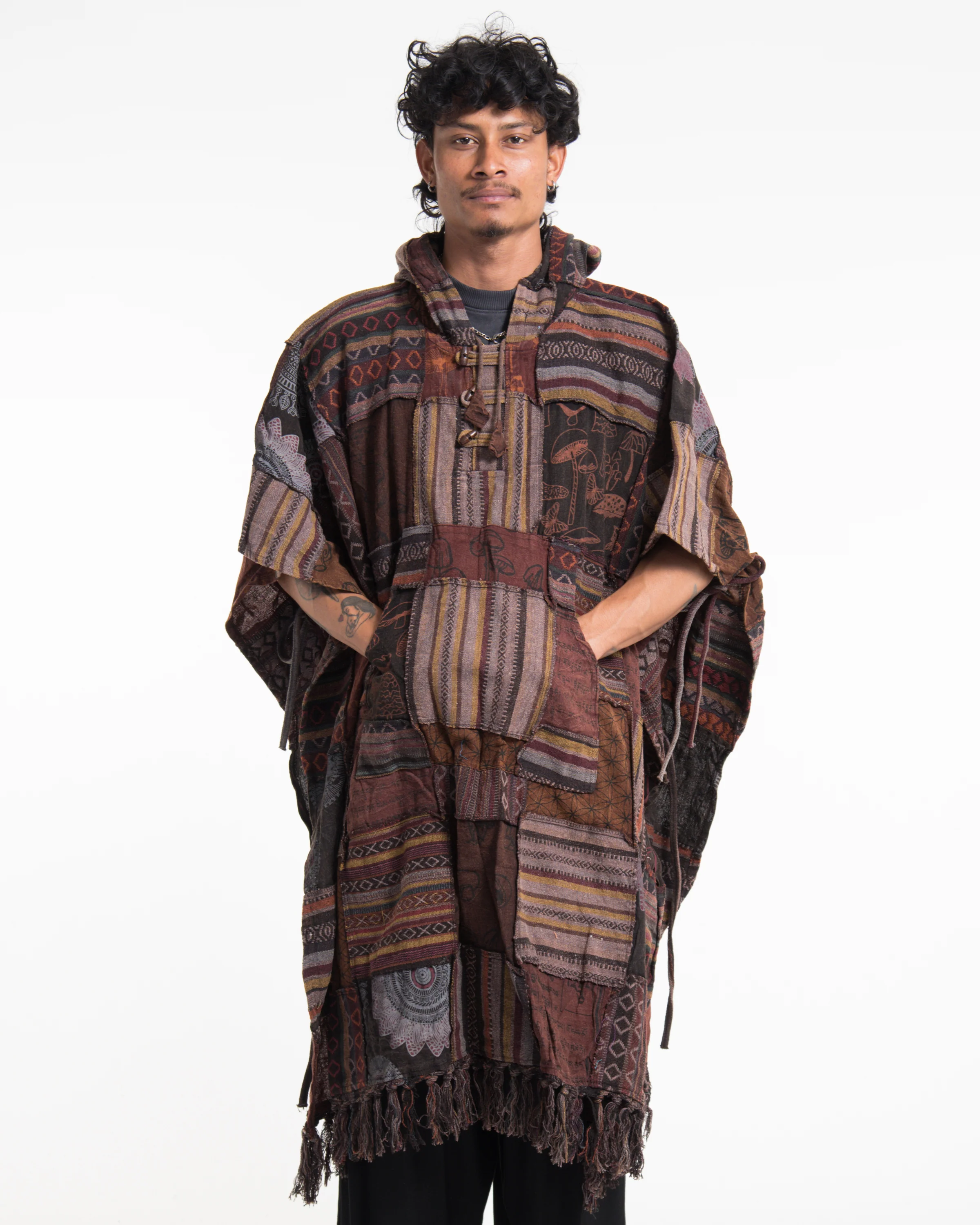 Unisex Patchwork Stonewash Hooded Poncho in Brown - Image 5