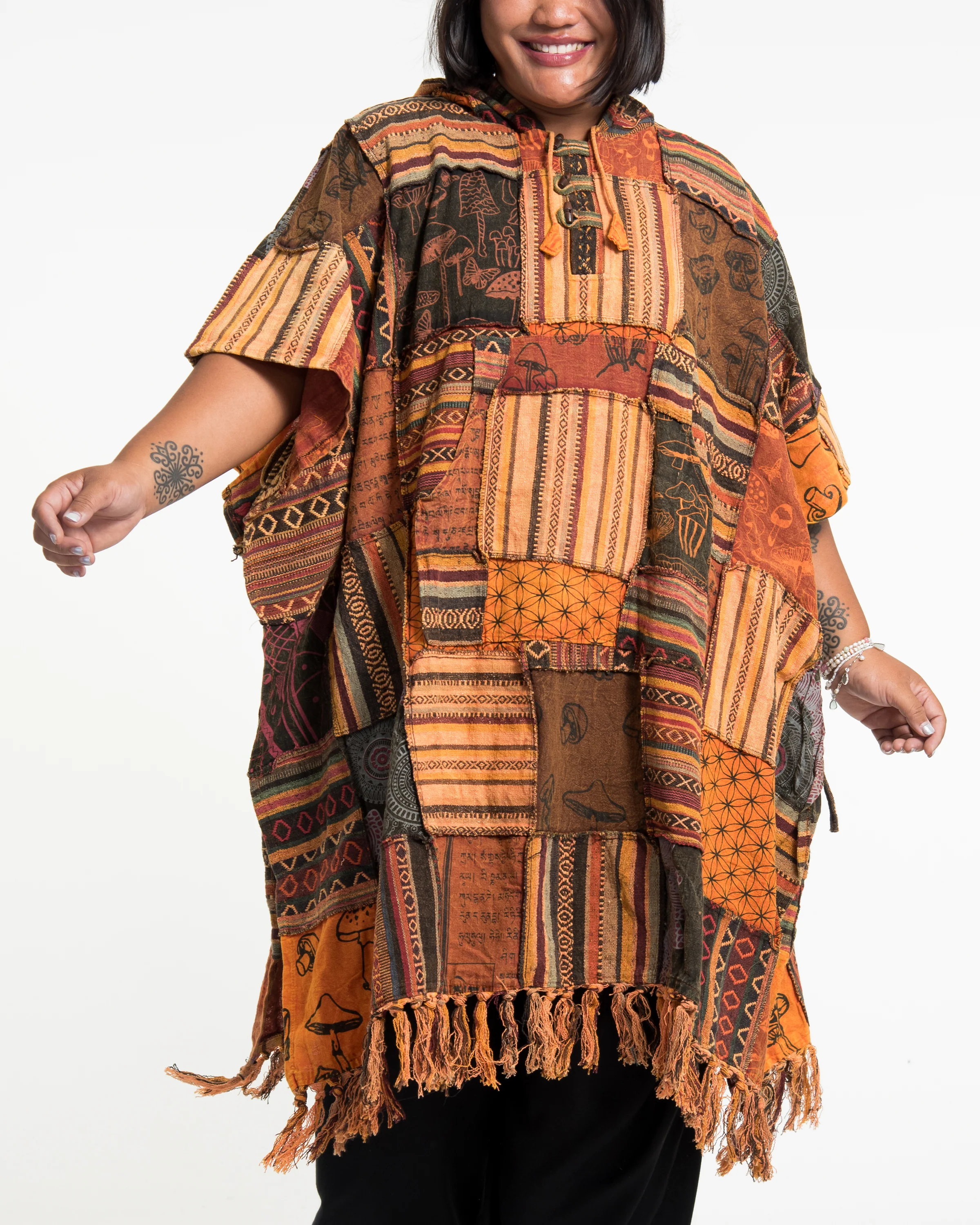 Unisex Patchwork Stonewash Hooded Poncho in Orange - Image 2