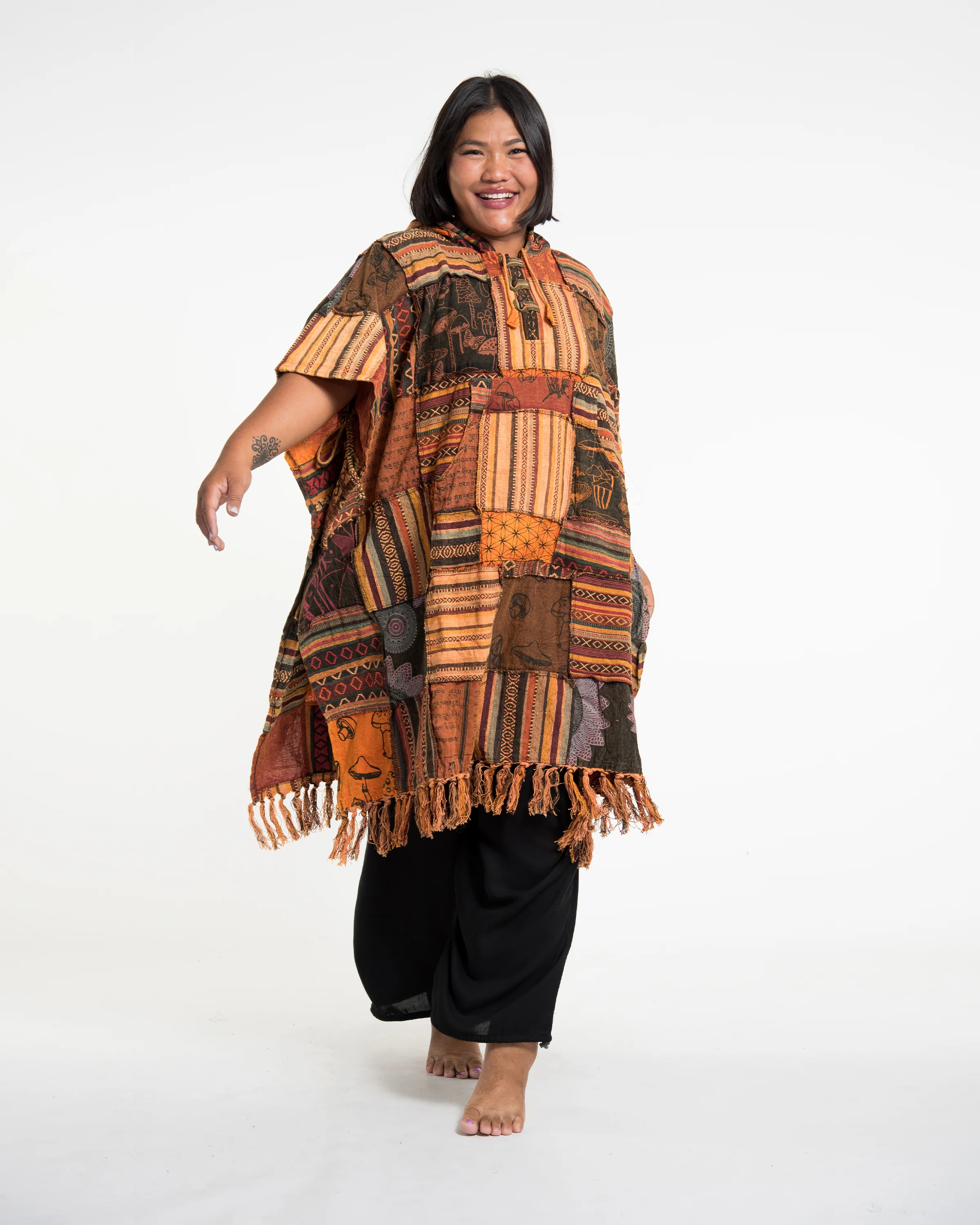 Unisex Patchwork Stonewash Hooded Poncho in Orange - Image 3