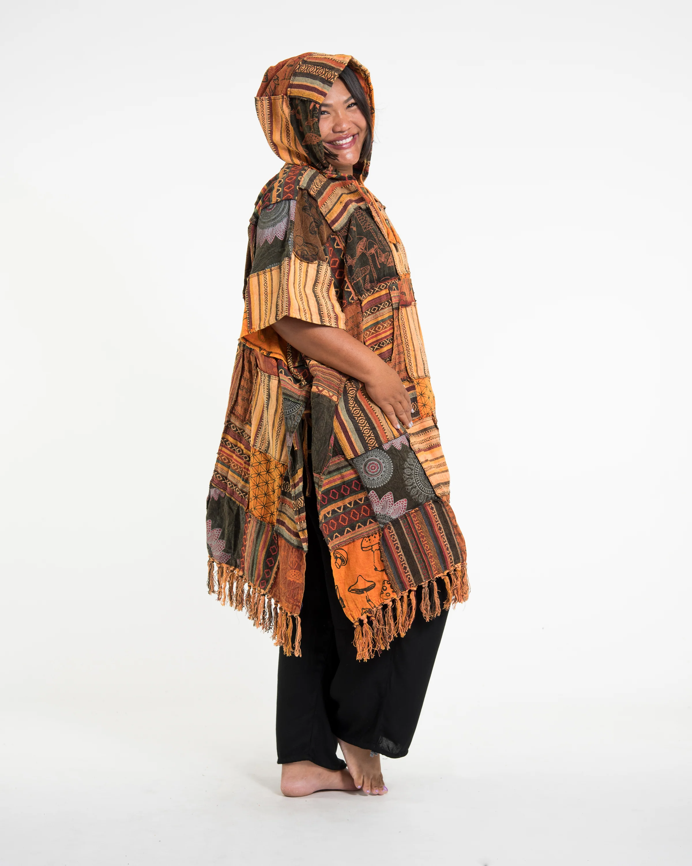 Unisex Patchwork Stonewash Hooded Poncho in Orange - Image 4