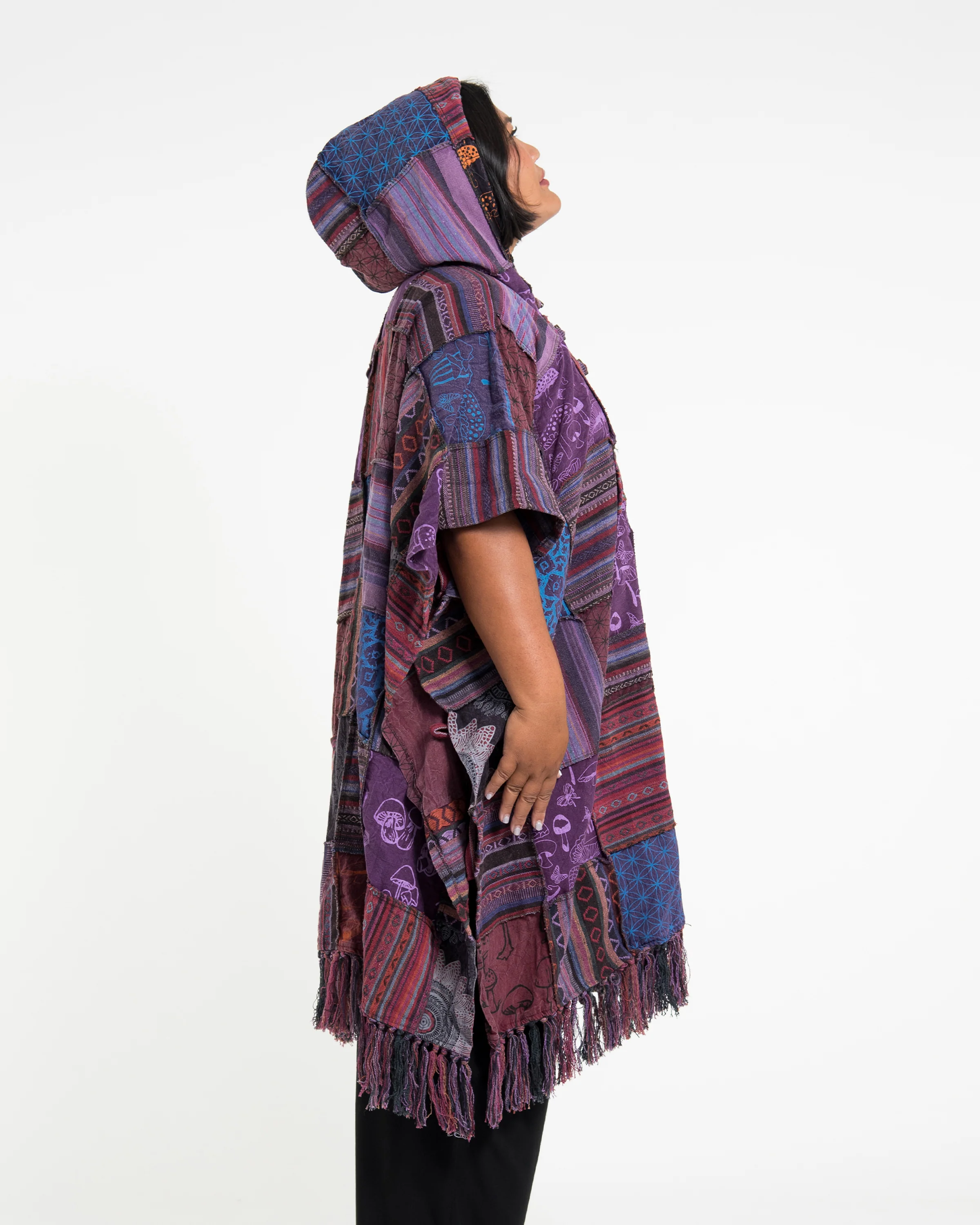 Unisex Patchwork Stonewash Hooded Poncho in Purple - Image 2