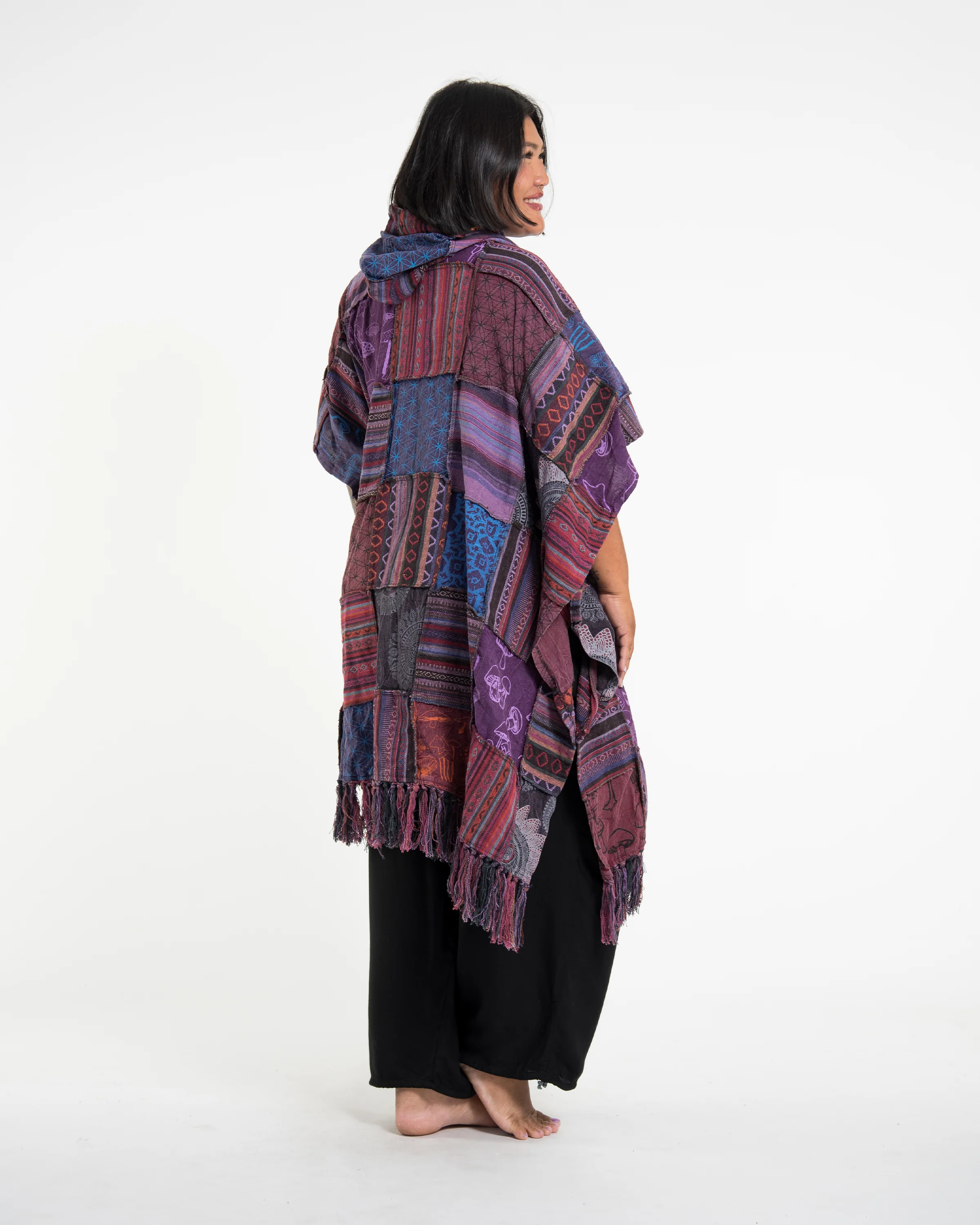 Unisex Patchwork Stonewash Hooded Poncho in Purple - Image 5