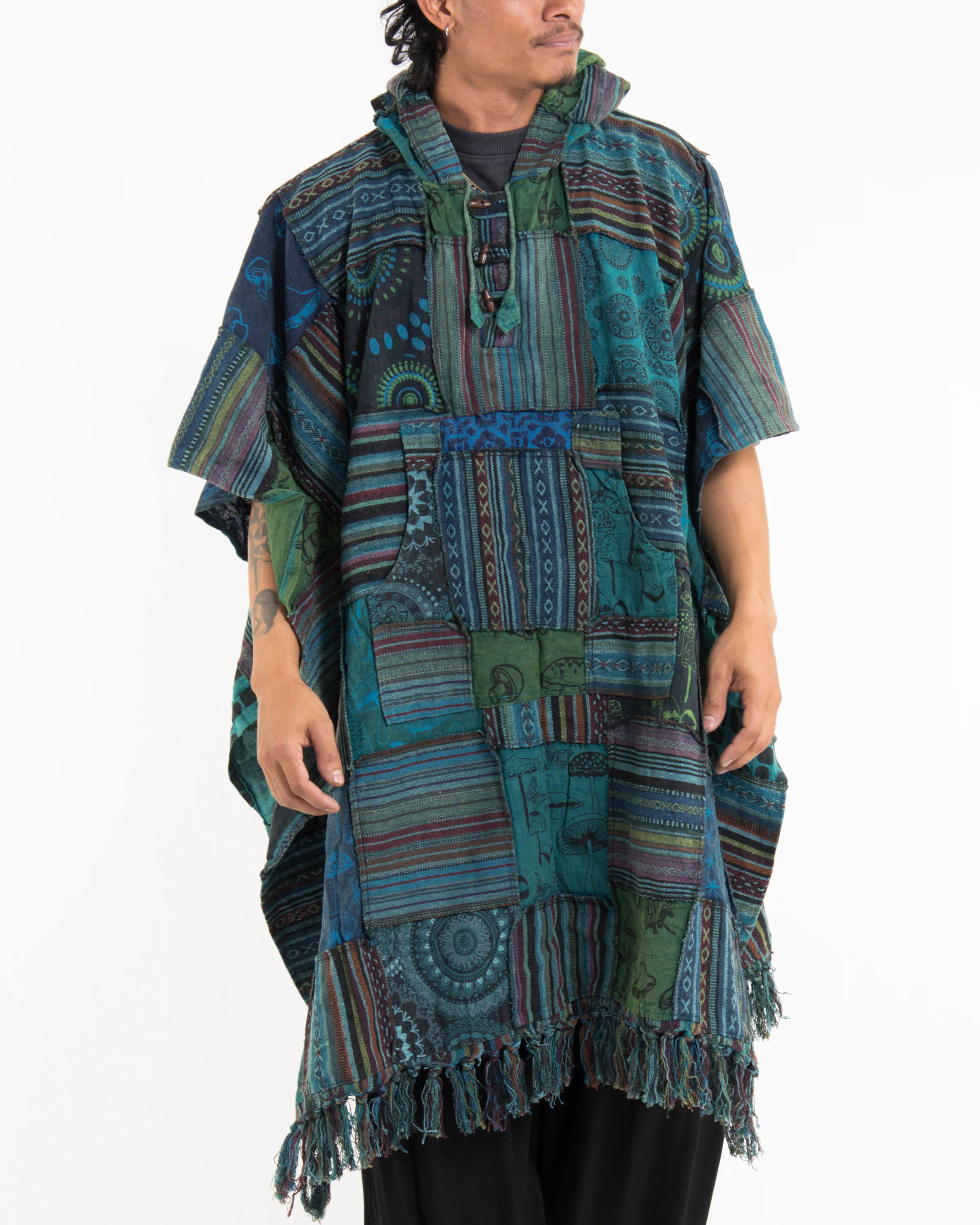 Unisex Patchwork Stonewash Hooded Poncho in Turquoise - Image 2
