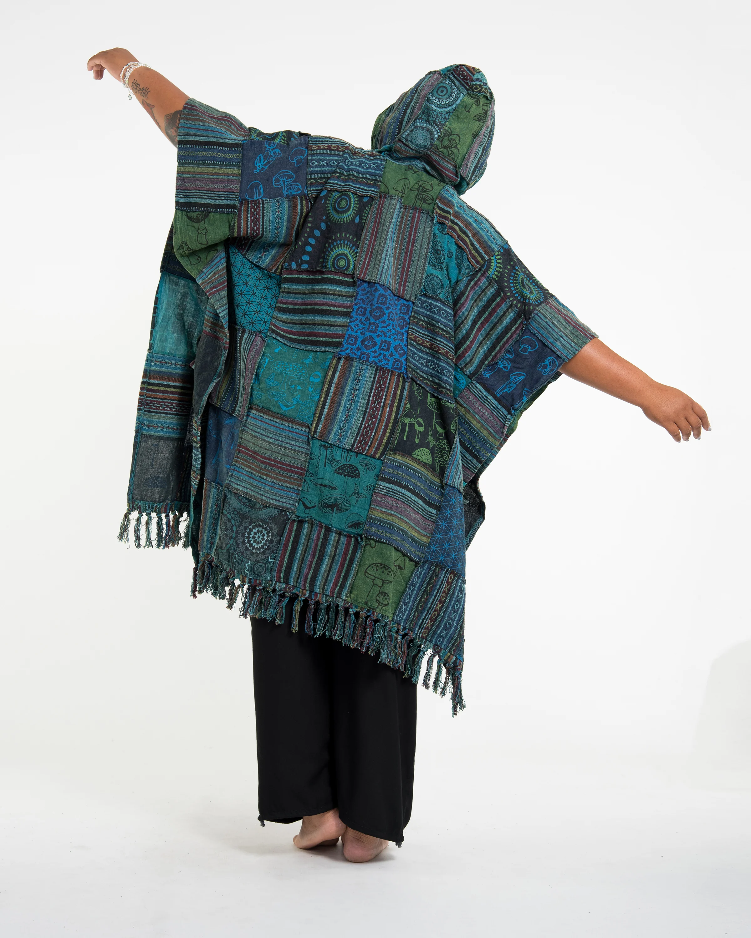 Unisex Patchwork Stonewash Hooded Poncho in Turquoise - Image 3