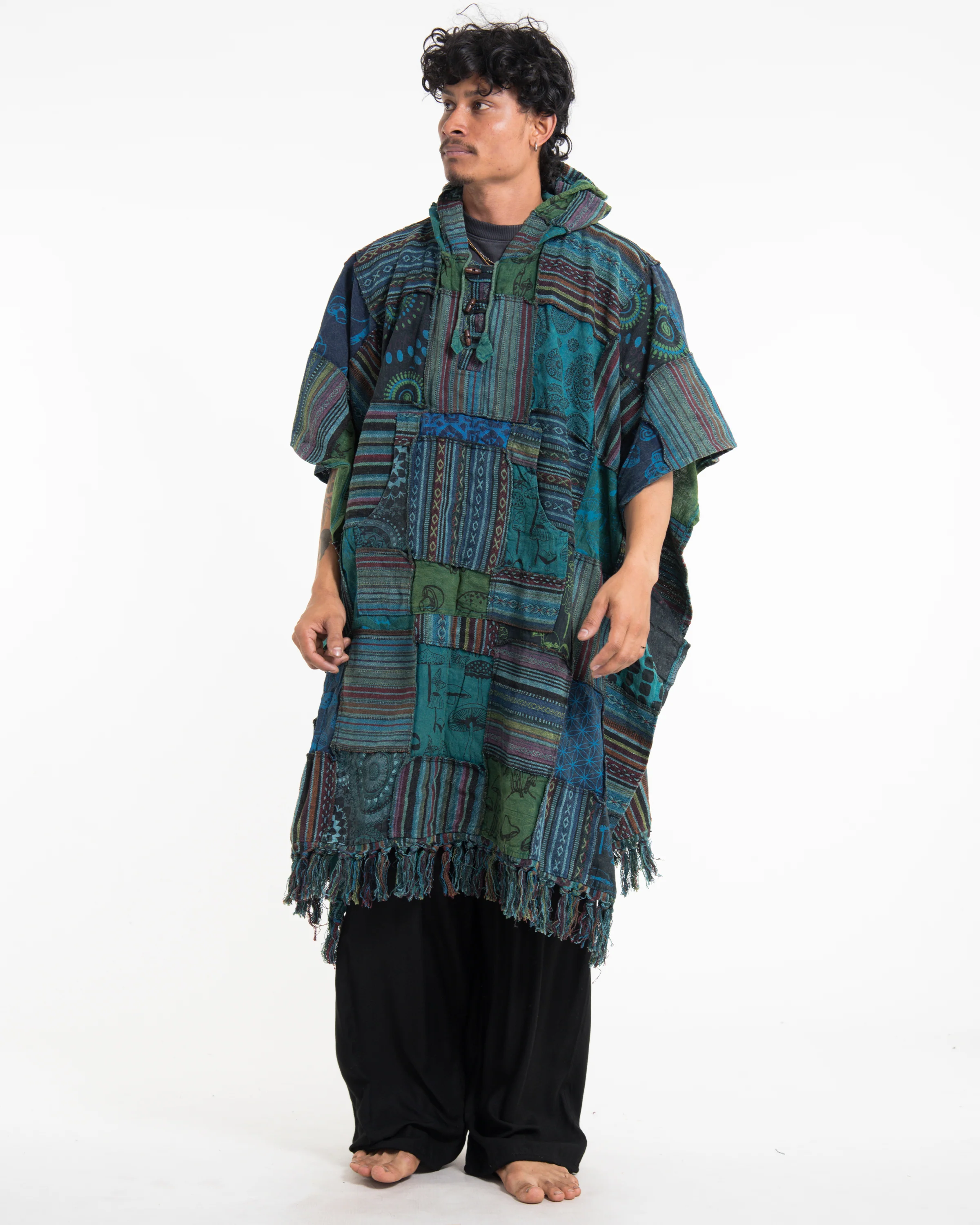 Unisex Patchwork Stonewash Hooded Poncho in Turquoise - Image 4