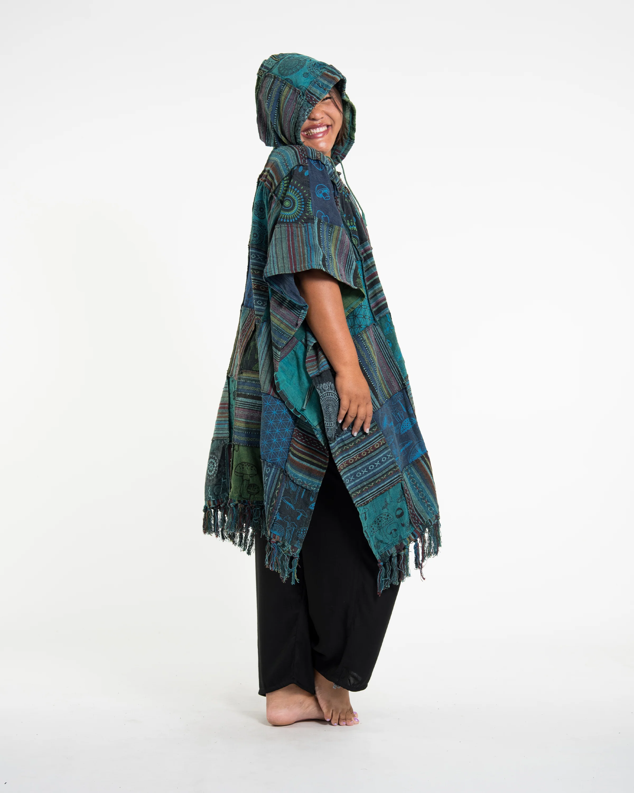 Unisex Patchwork Stonewash Hooded Poncho in Turquoise - Image 5