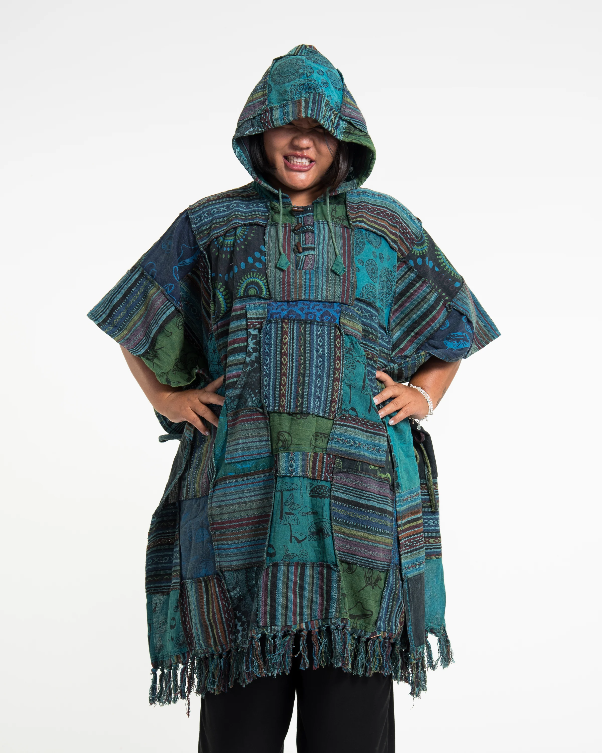 Unisex Patchwork Stonewash Hooded Poncho in Turquoise - Image 6