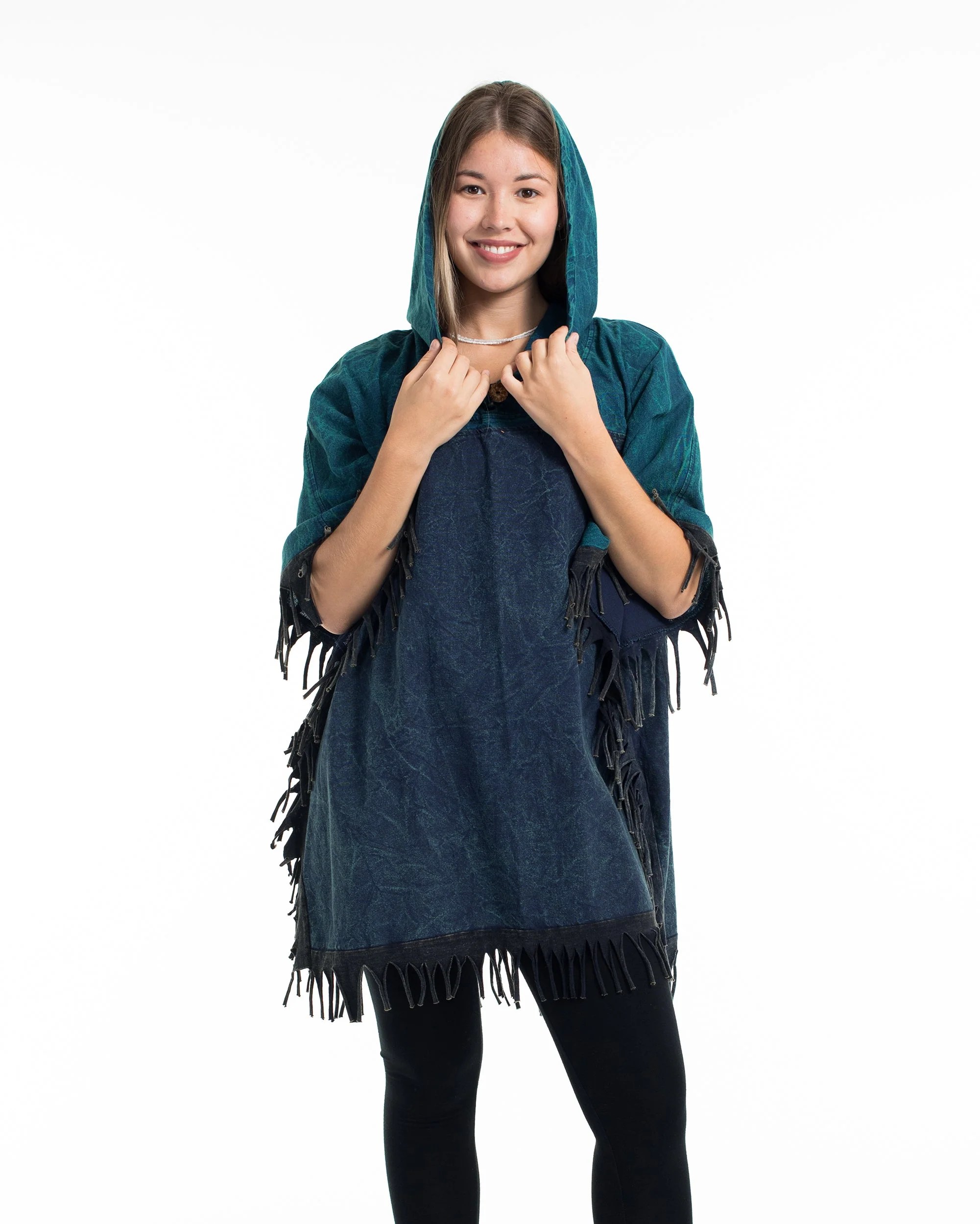 Unisex Stonewash Hooded Poncho in Blue - Image 8