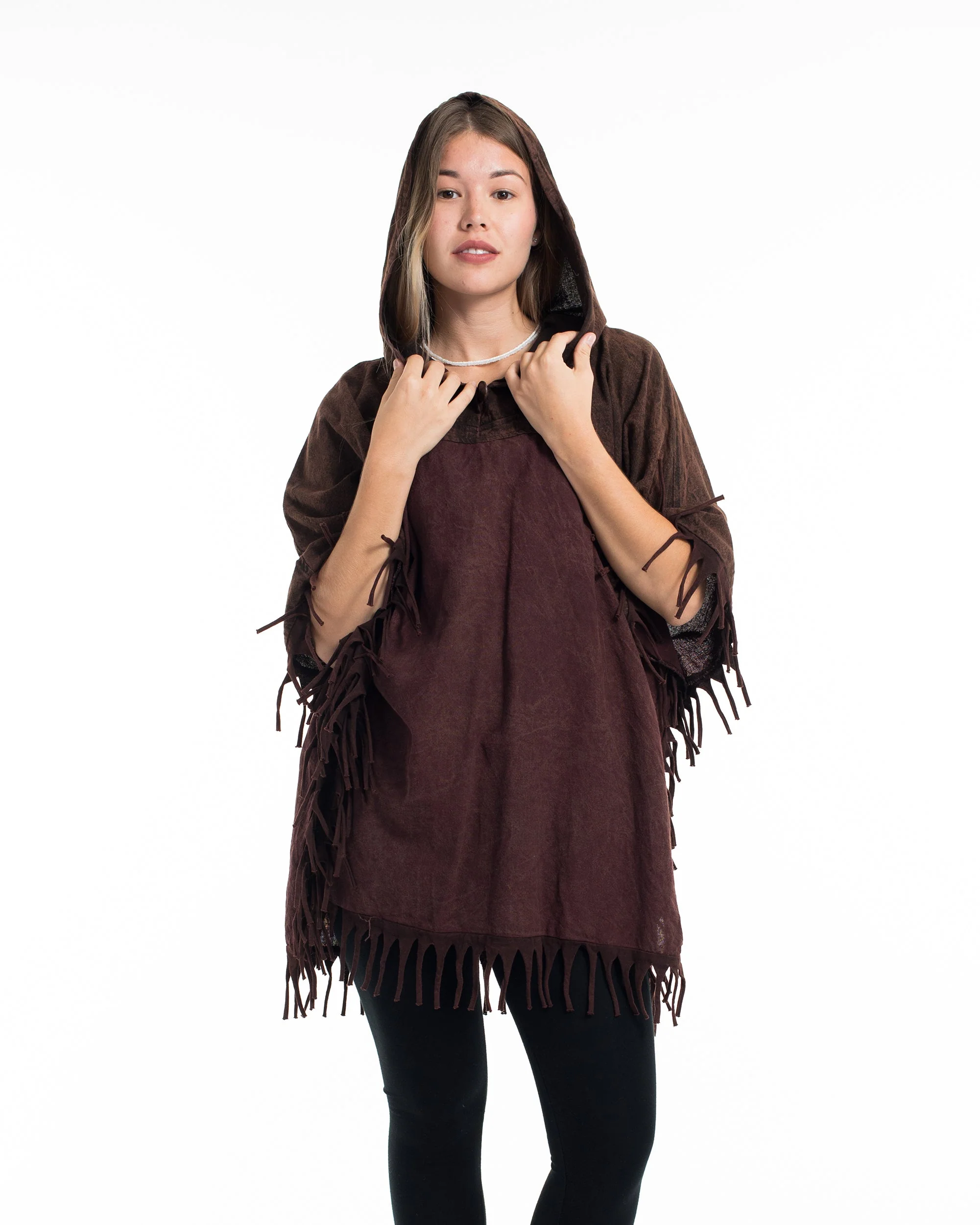 Unisex Stonewash Hooded Poncho in Dark Brown - Image 3