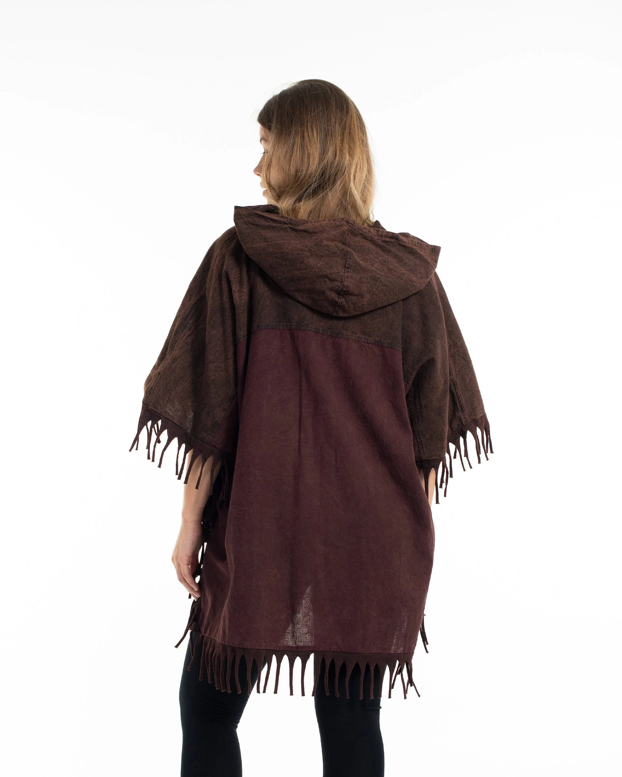 Unisex Stonewash Hooded Poncho in Dark Brown - Image 4