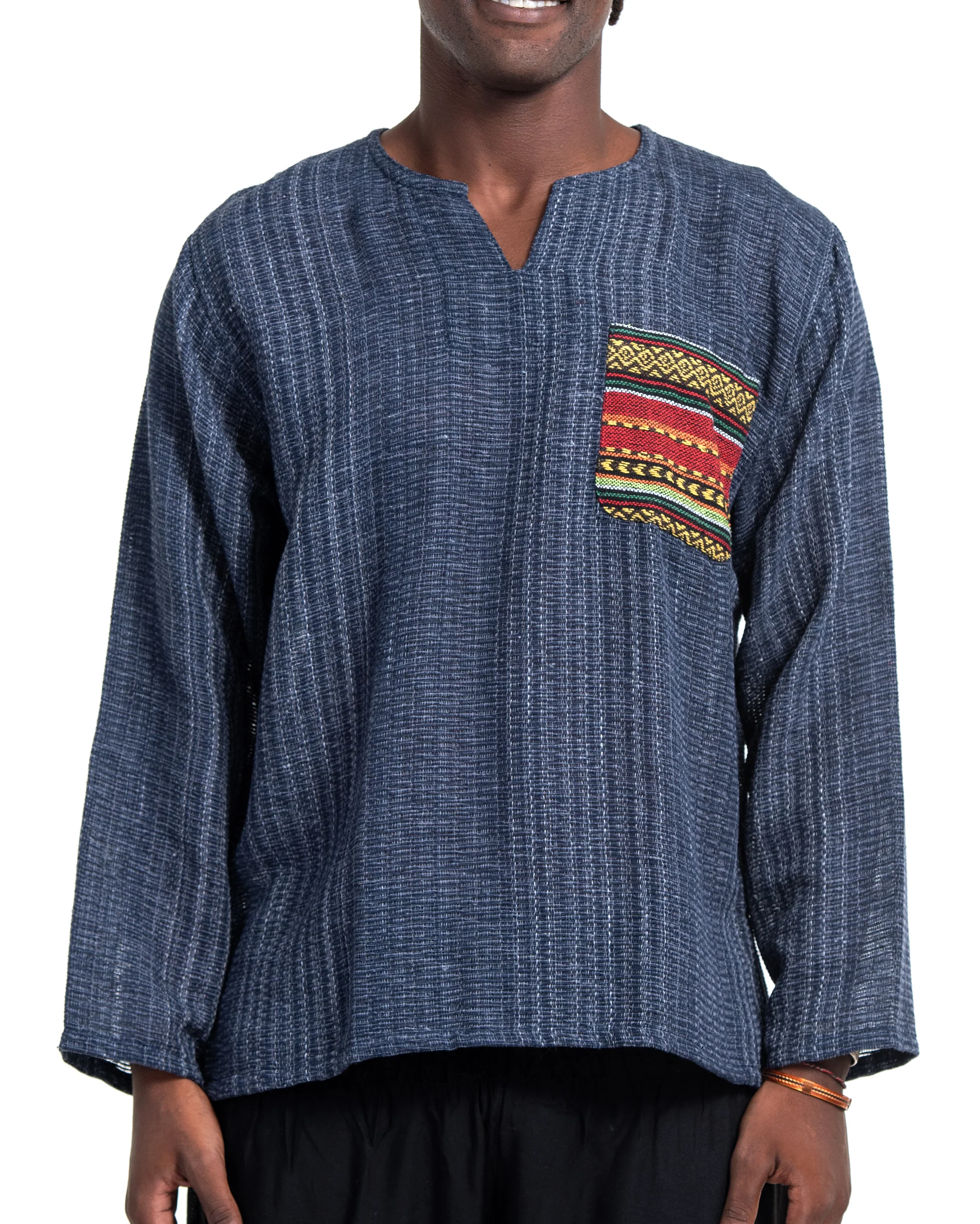 Unisex Woven Cotton Shirt with Tribal Pocket in Blue - Image 2