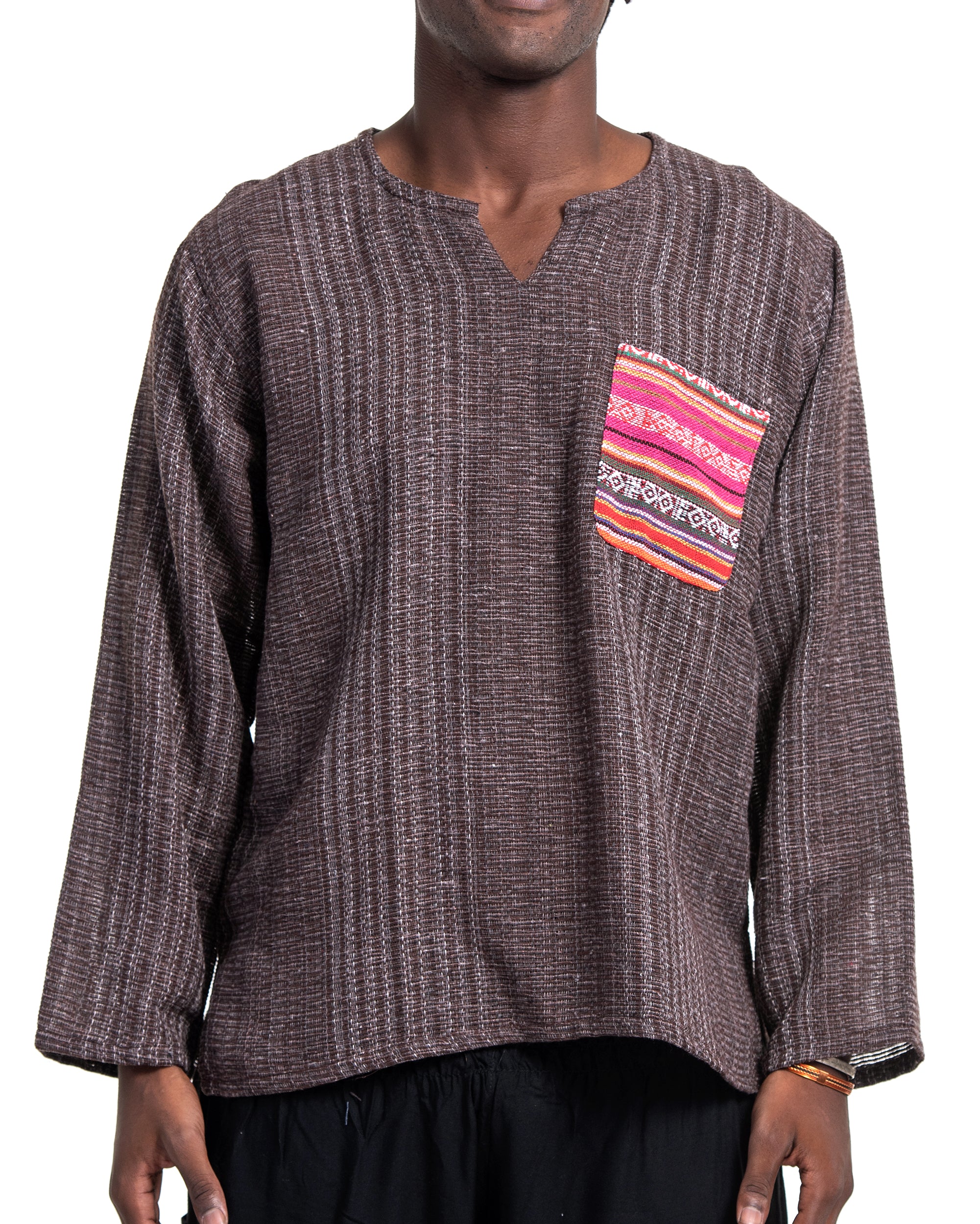 Unisex Woven Cotton Shirt with Tribal Pocket in Brown - Image 2