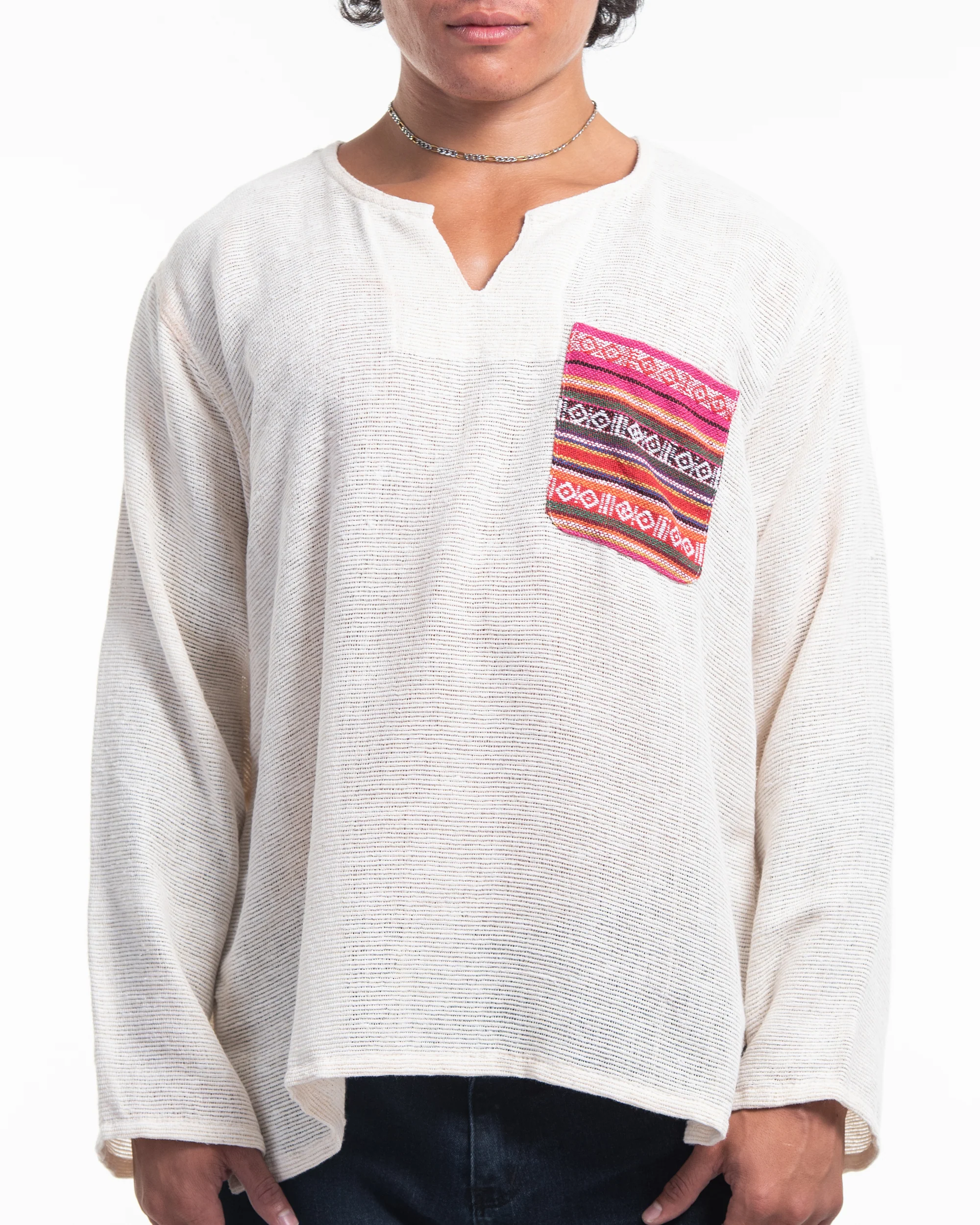 Unisex Woven Cotton Shirt with Tribal Pocket in White - Image 2