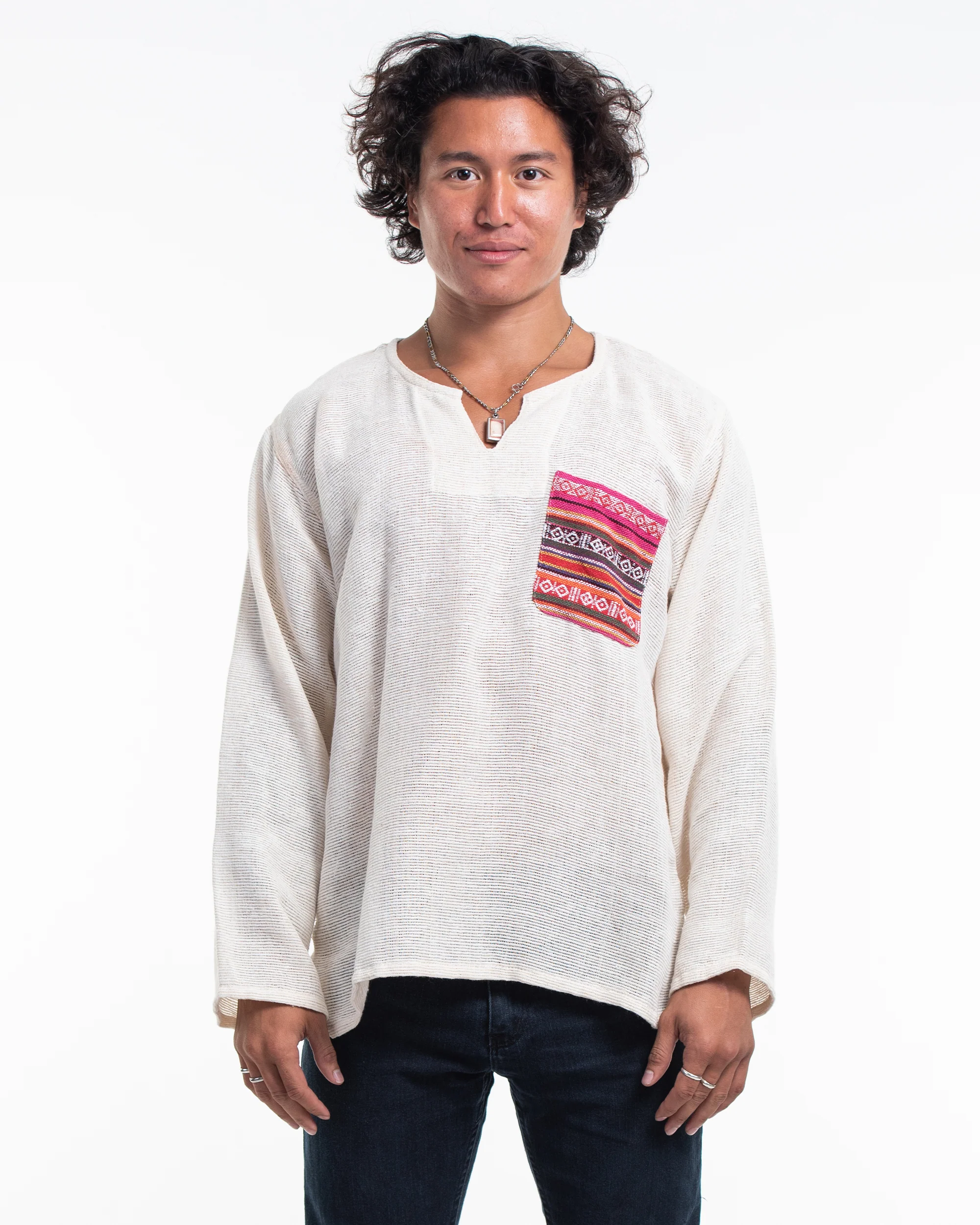 Unisex Woven Cotton Shirt with Tribal Pocket in White - Image 3