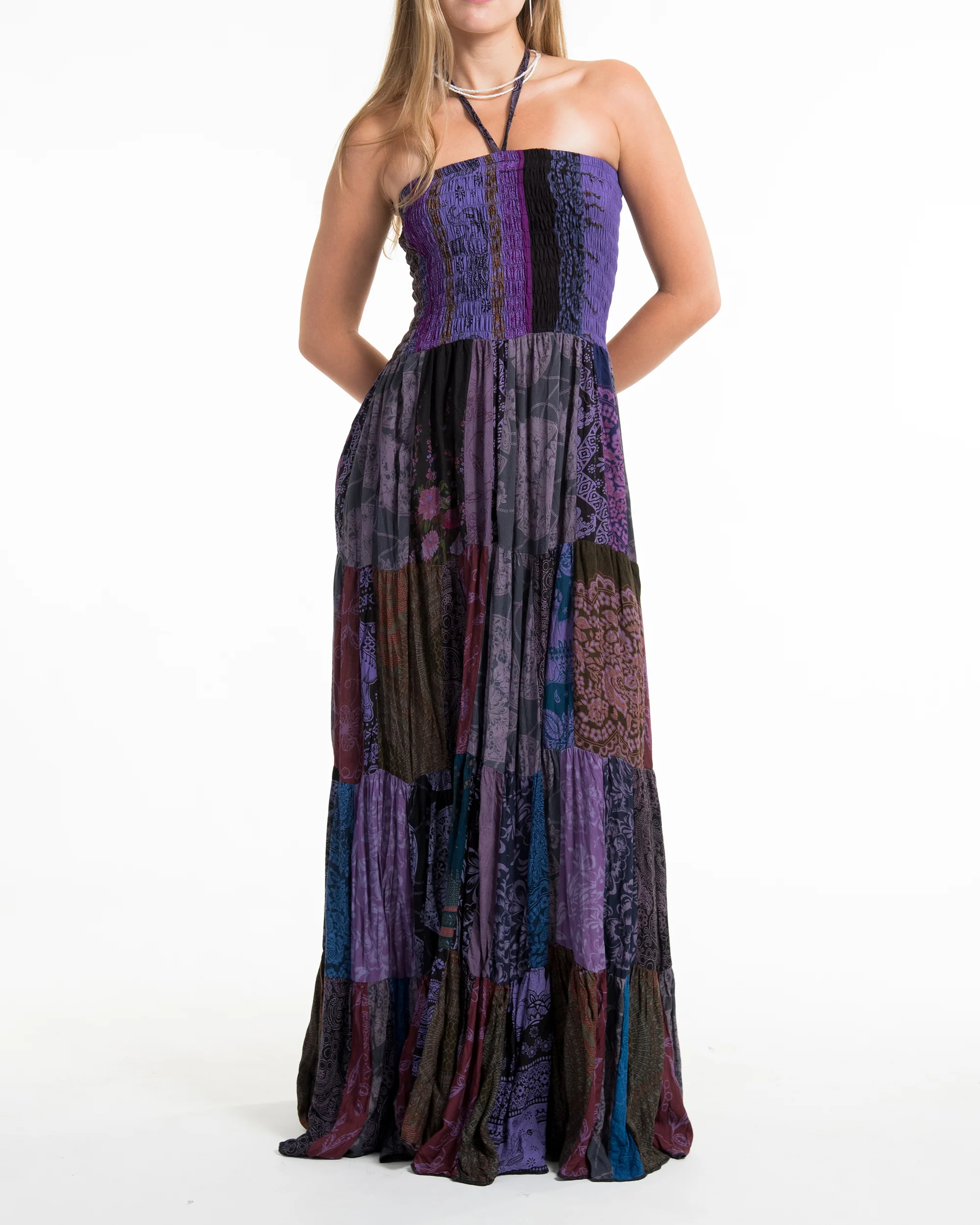 Upcycled Patchwork Multi Print Maxi Dress in Purple - Image 4