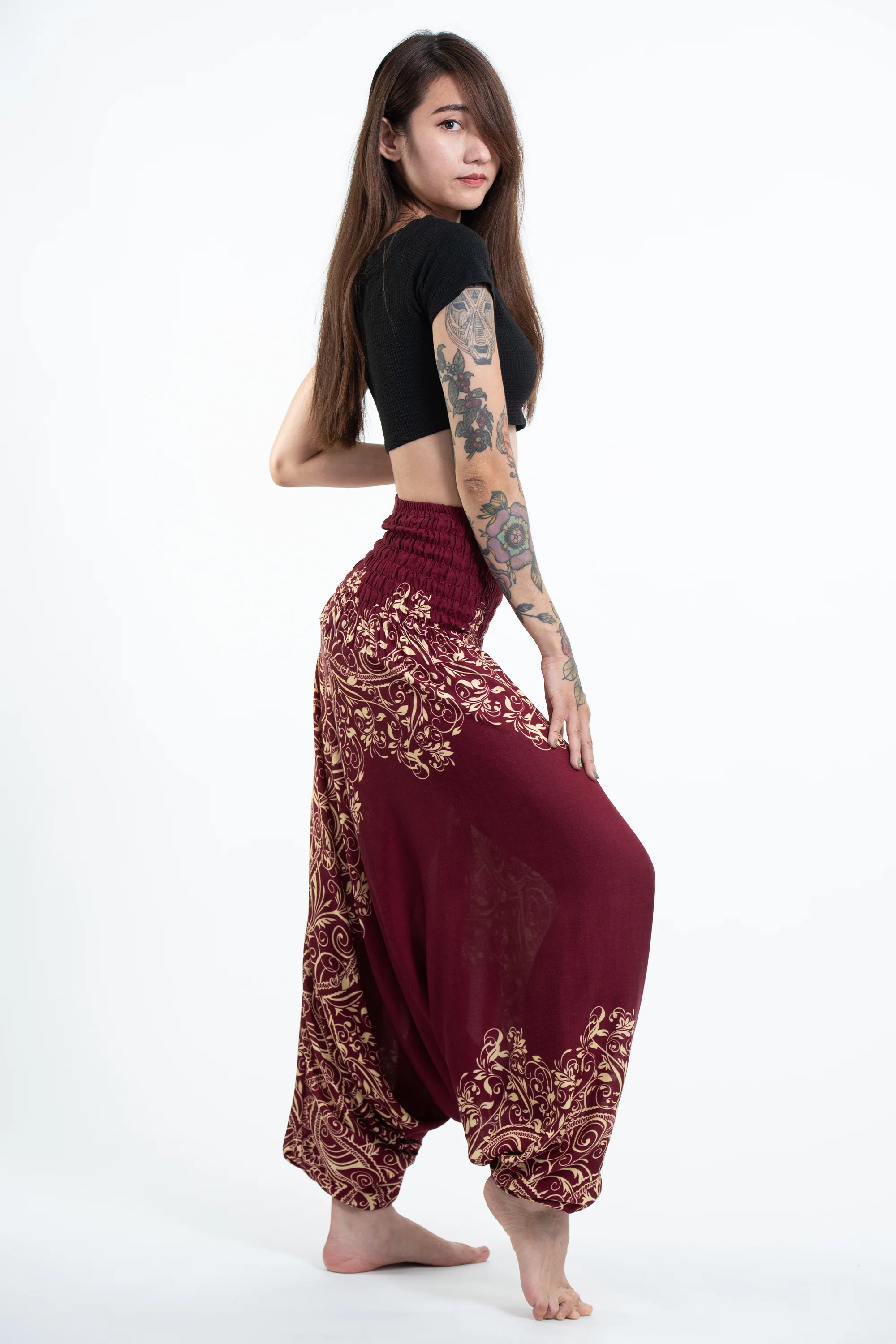 Vines 2-in-1 Jumpsuit Harem Pants in Red - Image 3