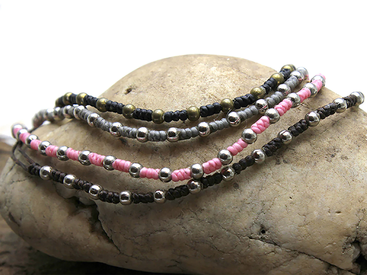 Waxed Cotton with Beads Bracelets 4 Pcs. PACK - Image 3