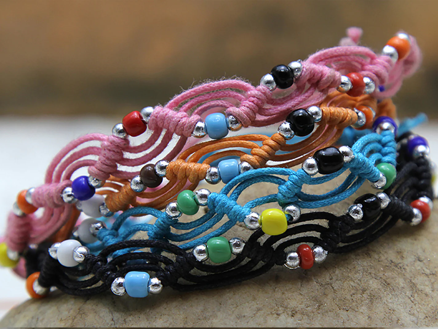 Waxed Cotton Woven Bracelet With Beads 4 Pcs. PACK - Image 3