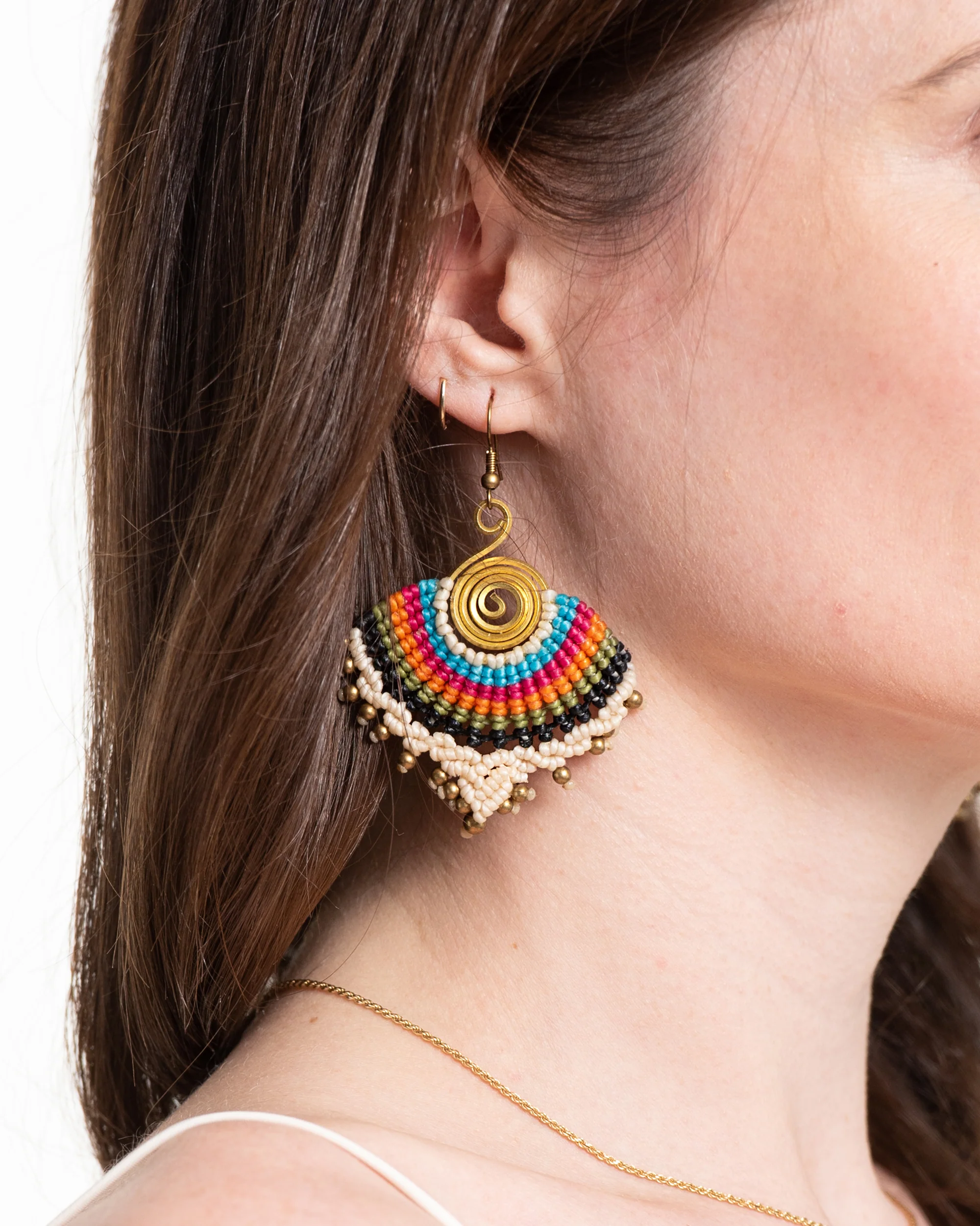 White Rainbow Waxed String Spiral Brass Earrings