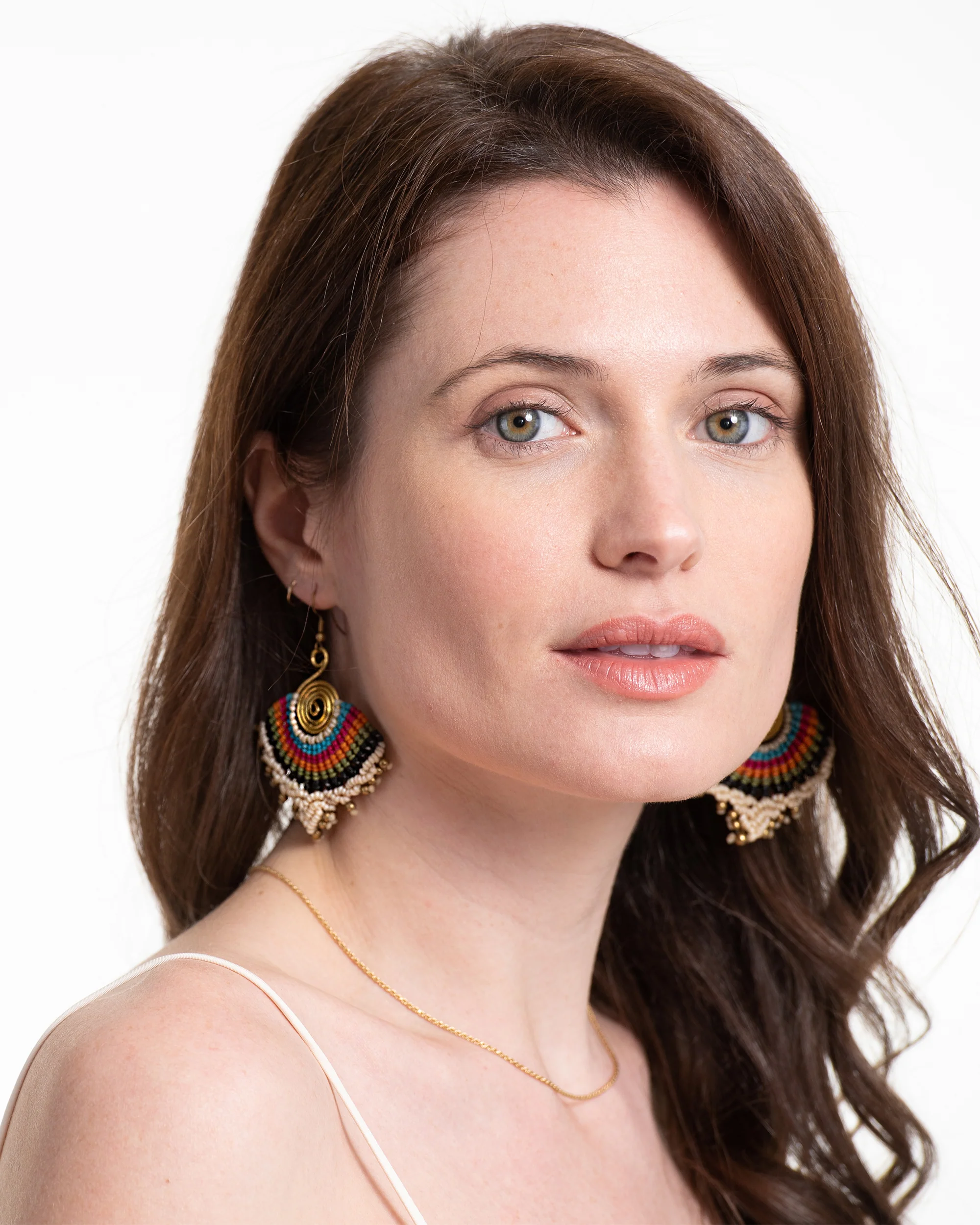 White Rainbow Waxed String Spiral Brass Earrings - Image 2
