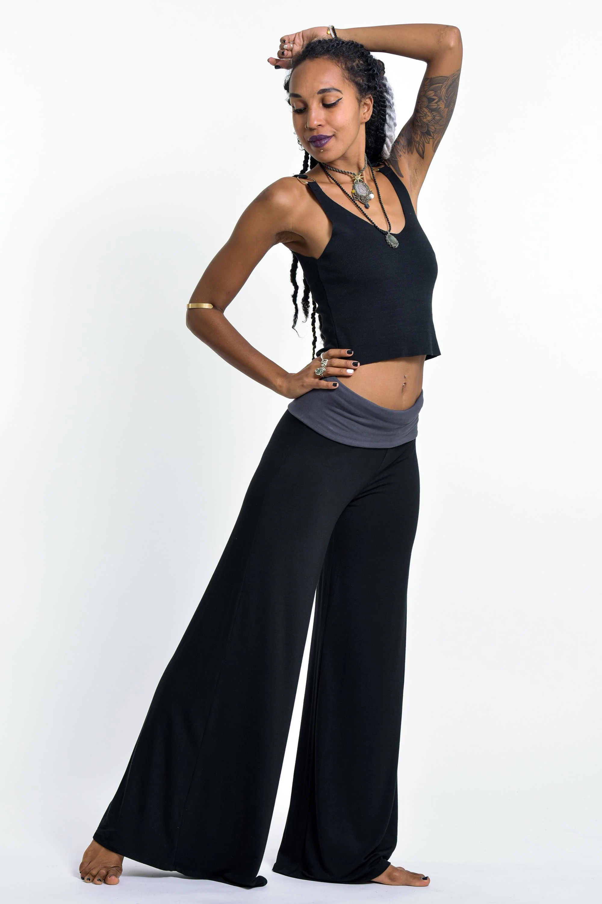 Wide Leg Palazzo Harem Pants Cotton Spandex in Solid Black - Image 3