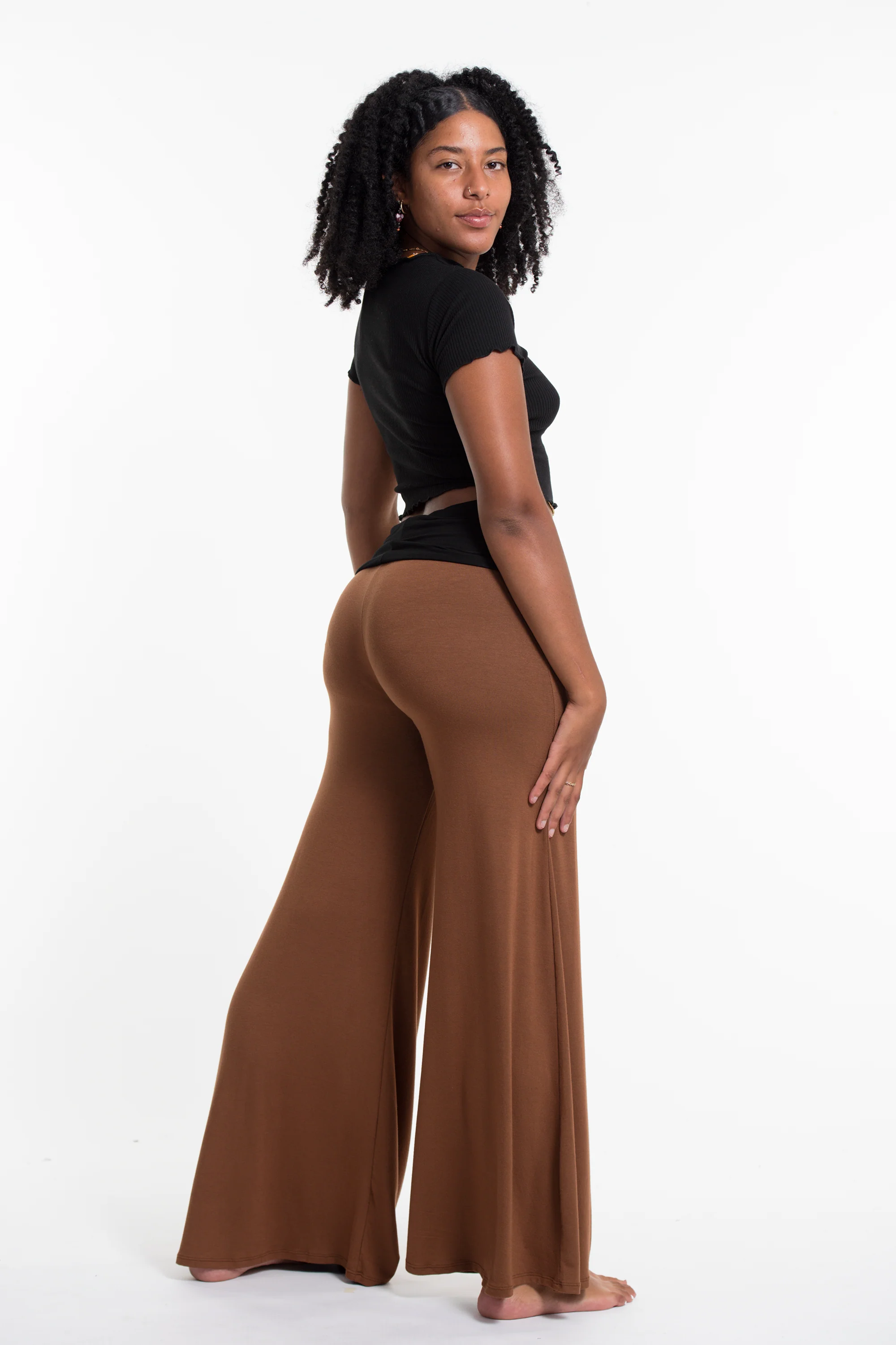 Wide Leg Palazzo Harem Pants Cotton Spandex in Solid Brown - Image 4