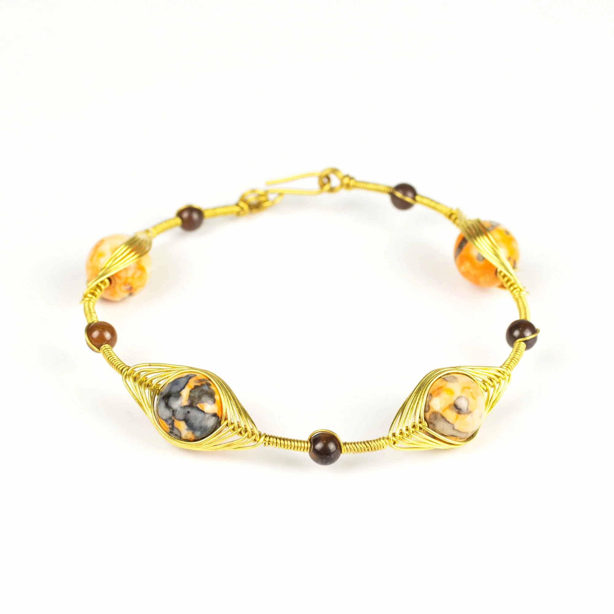 Wired Brass Bracelet with Orange Marble Beads - Image 2