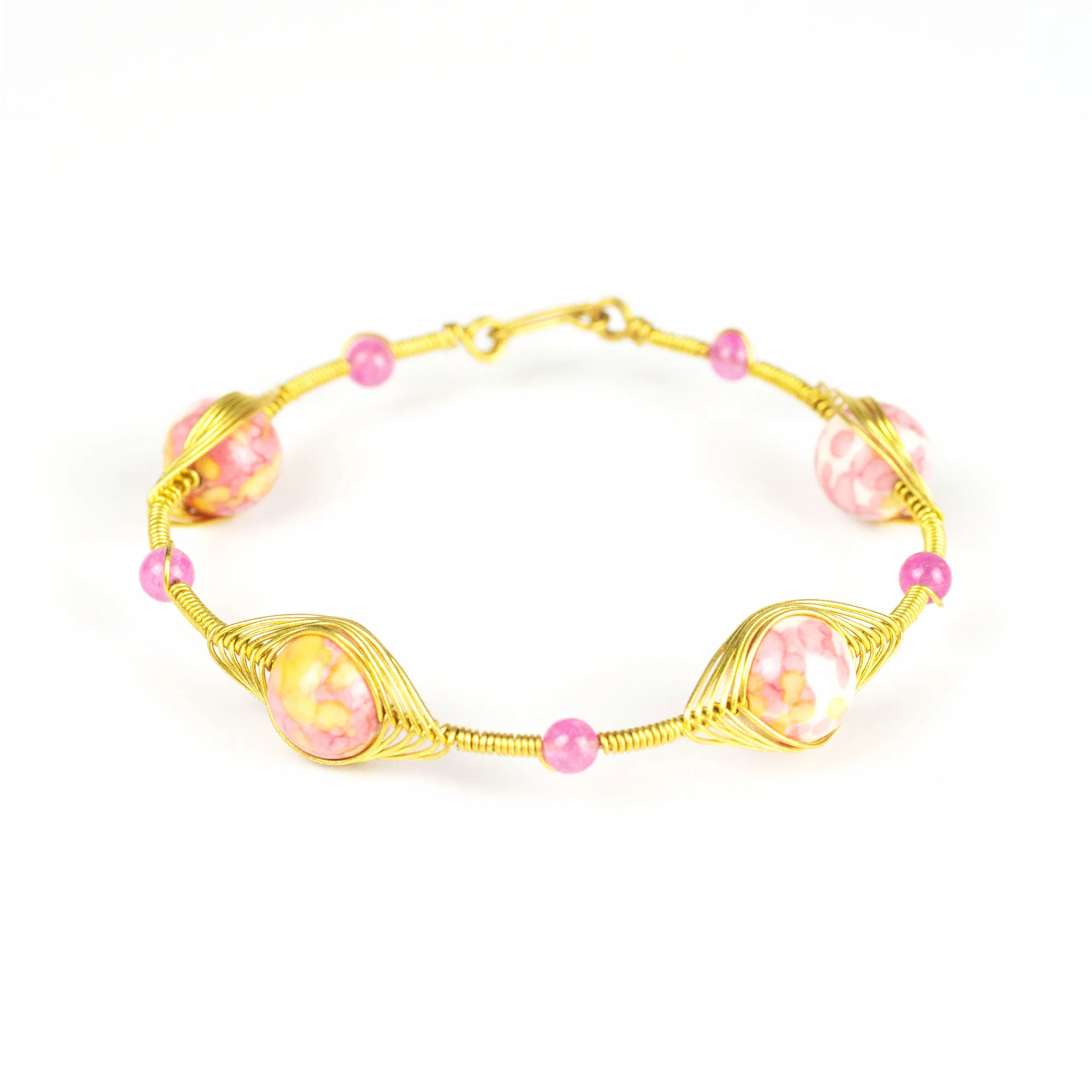 Wired Brass Bracelet with Pink Marble Beads - Image 2