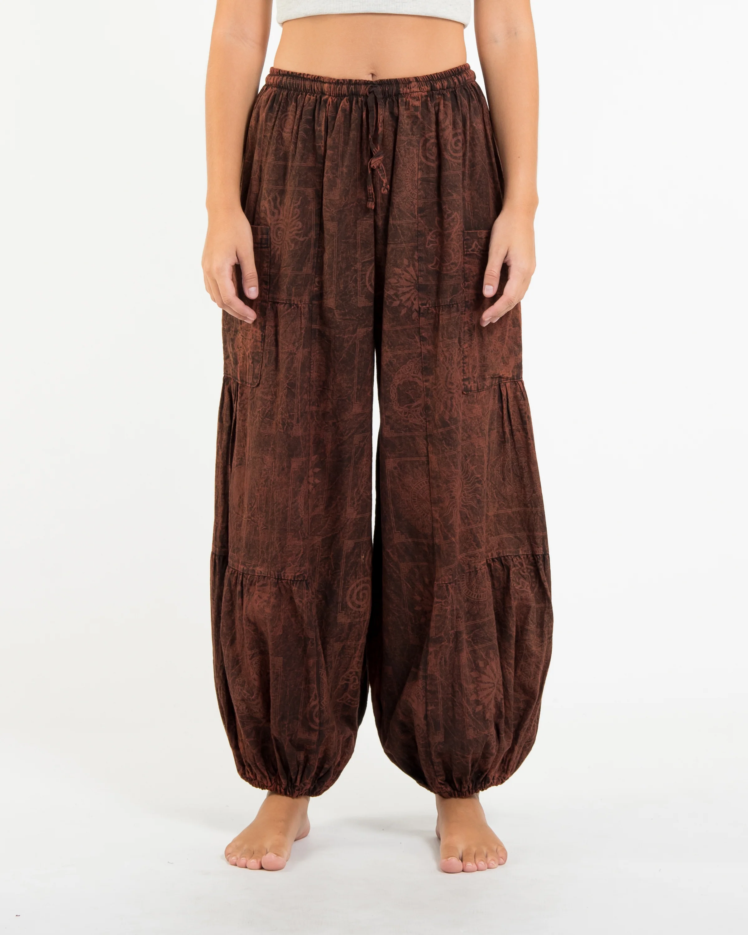 Women's Block Print Stone Washed Balloon Cotton Pants in Brown - Image 2