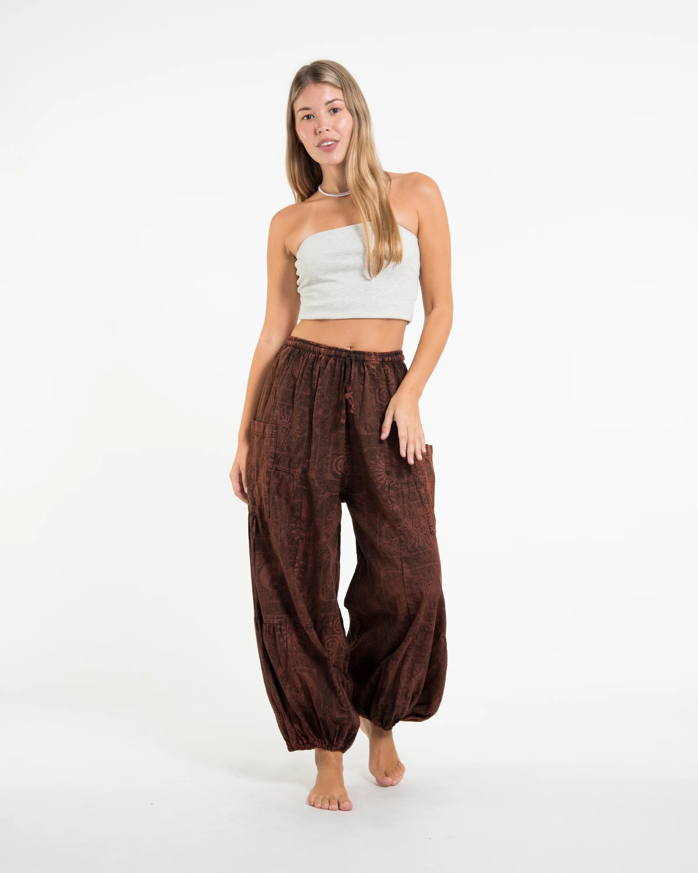Women's Block Print Stone Washed Balloon Cotton Pants in Brown - Image 3