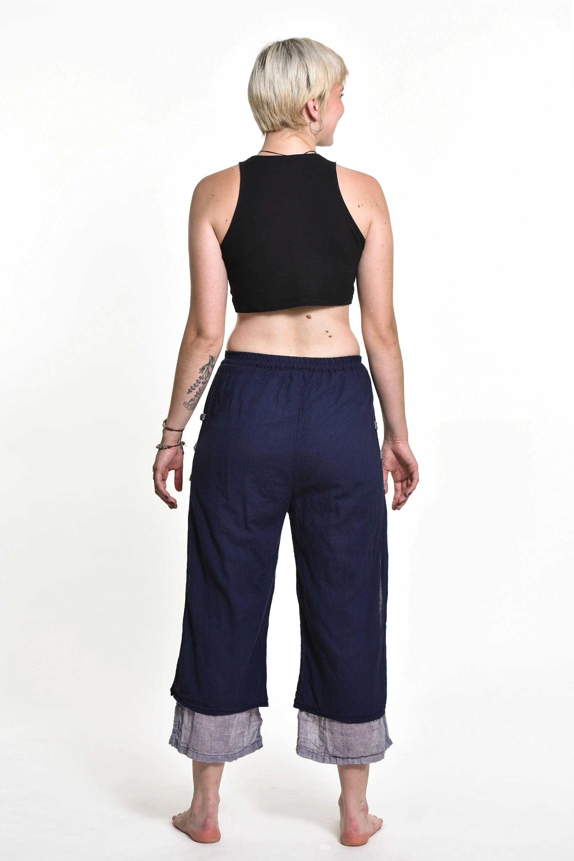 Women's Cotton Double Layers Cropped Pants in Solid Navy - Image 4