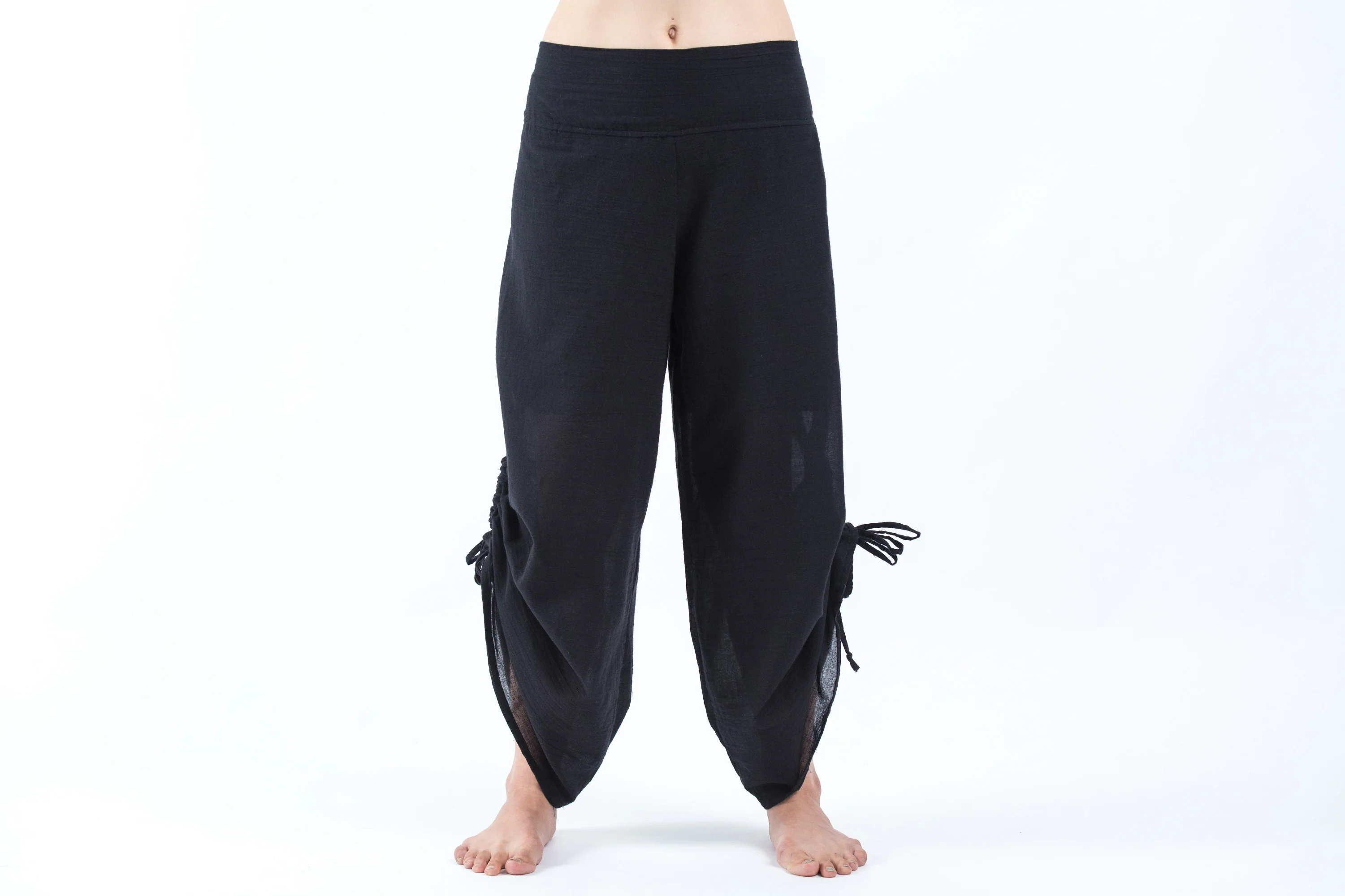Women's Cotton Side Drawstring Palazzo Pants in Black - Image 2