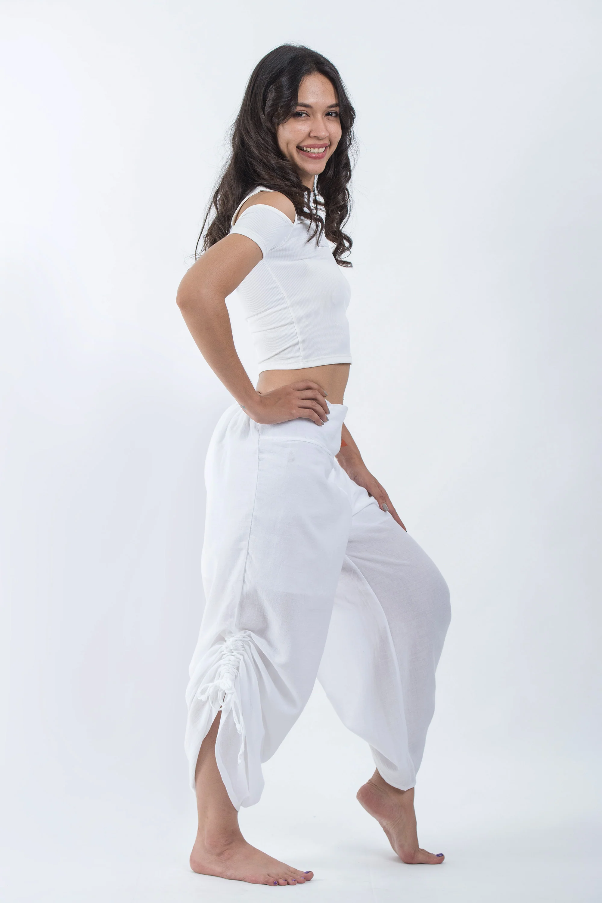 Women's Cotton Side Drawstring Palazzo Pants in White - Image 3