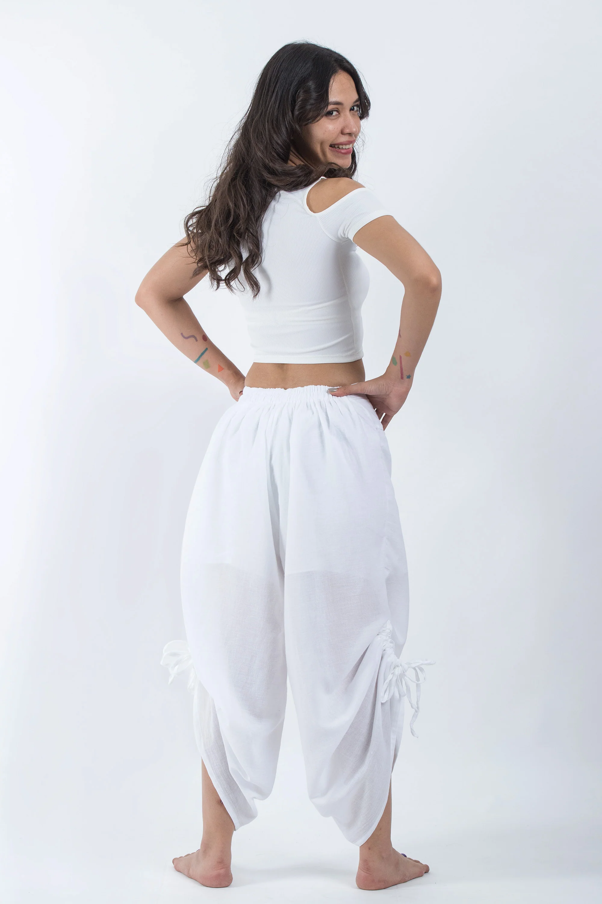 Women's Cotton Side Drawstring Palazzo Pants in White - Image 4
