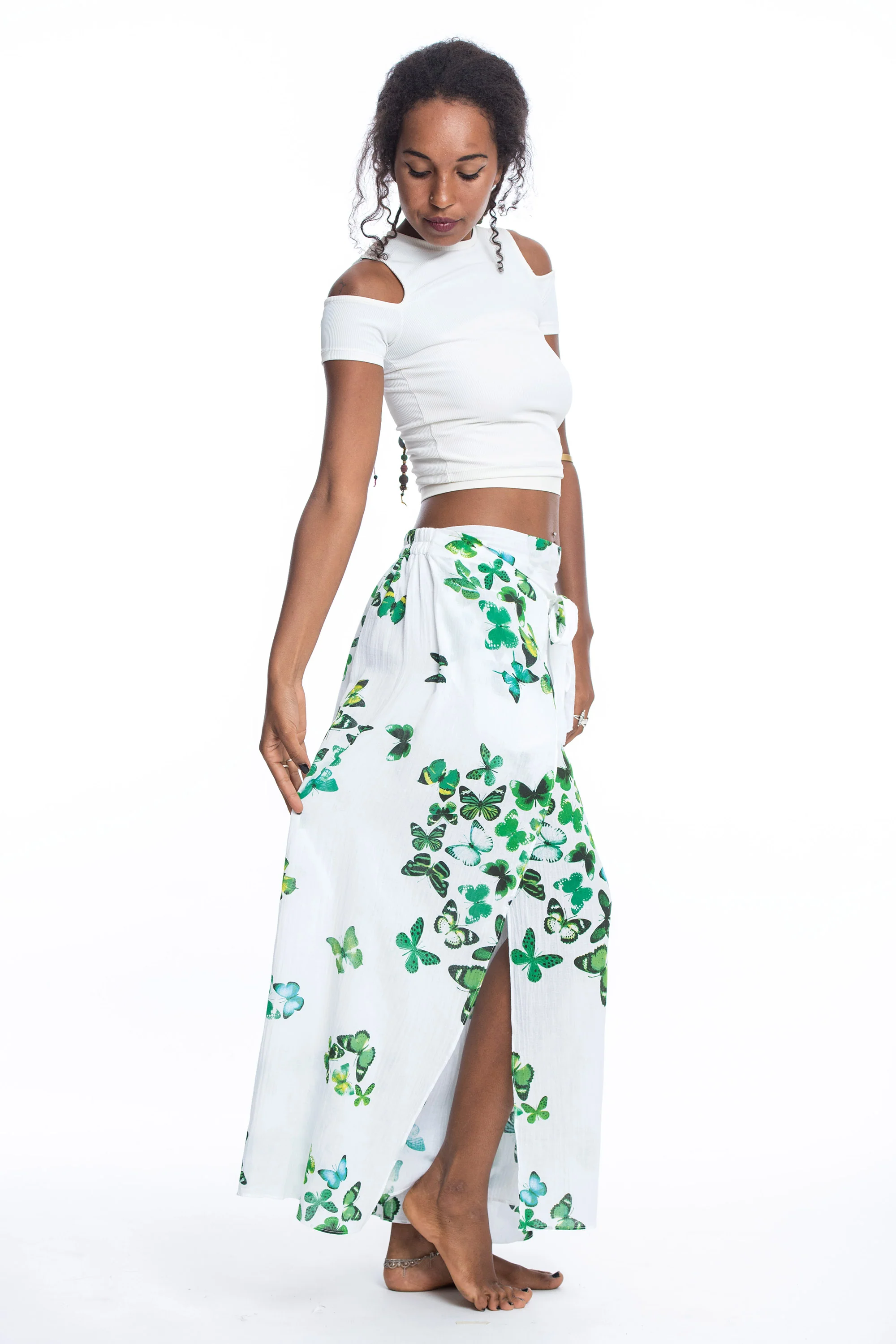 Women's Cotton Wrap Palazzo Pants in Butterflies Green - Image 3