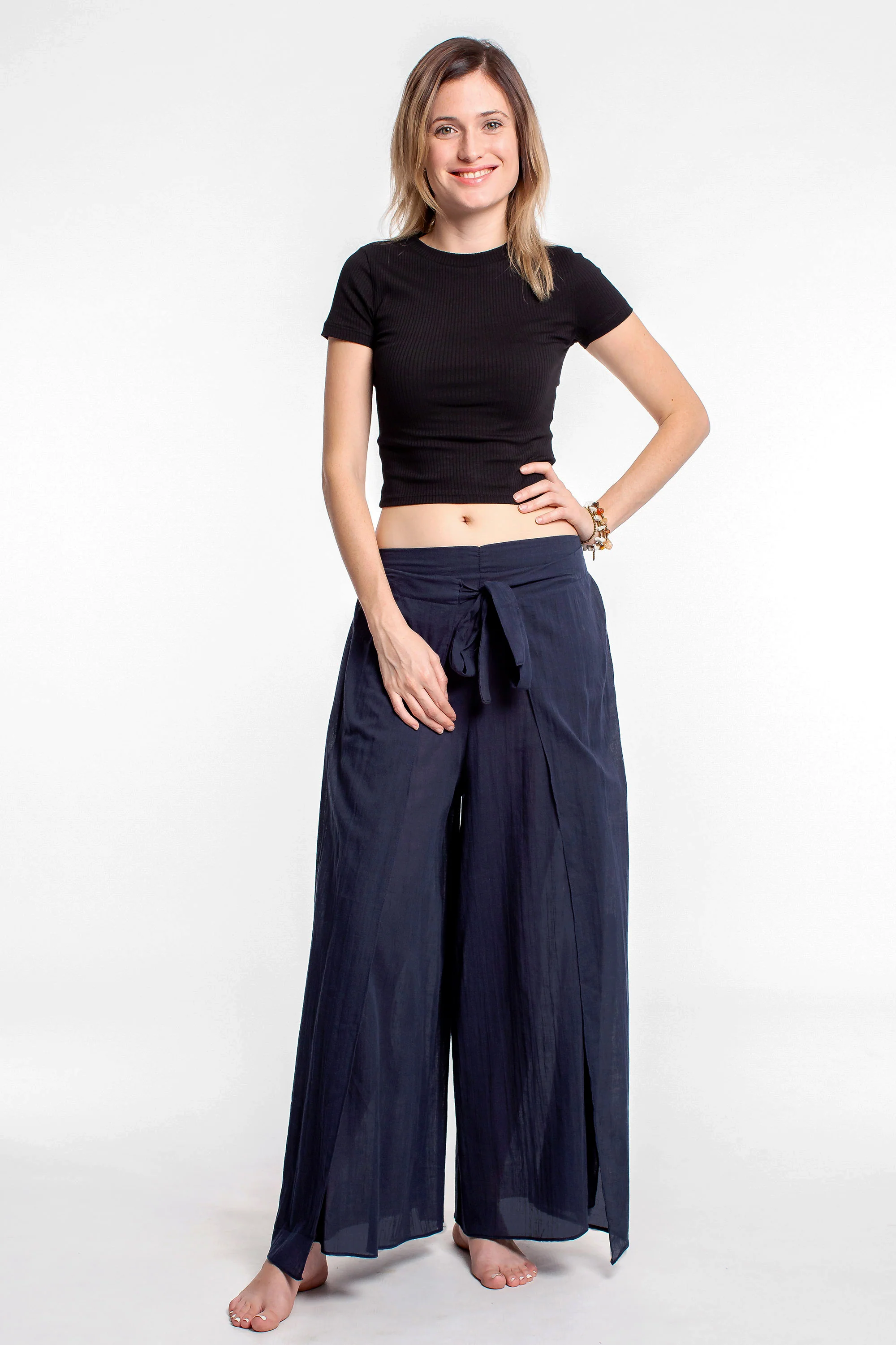 Women's Cotton Wrap Palazzo Pants in Solid Navy - Image 3