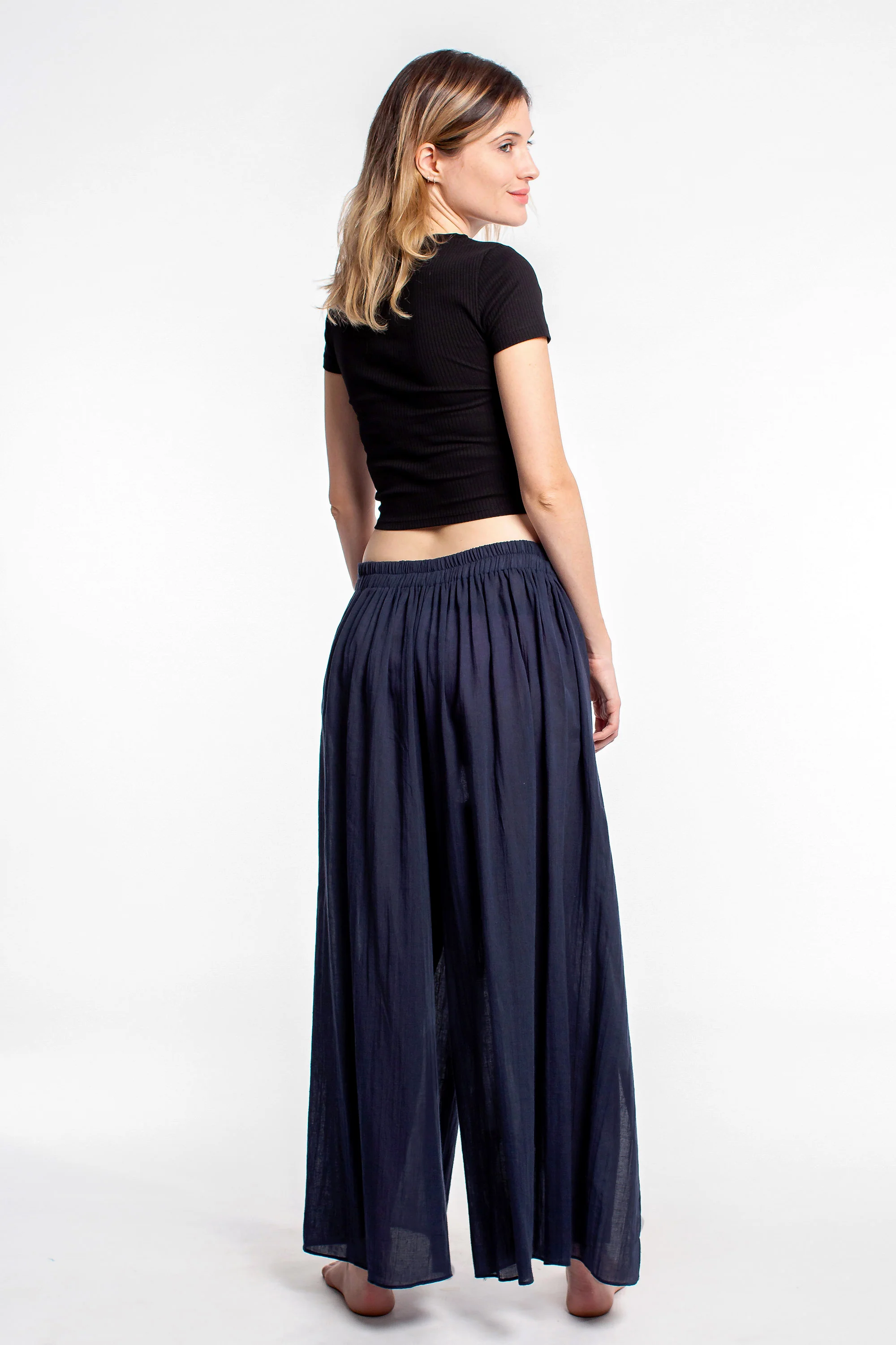 Women's Cotton Wrap Palazzo Pants in Solid Navy - Image 4