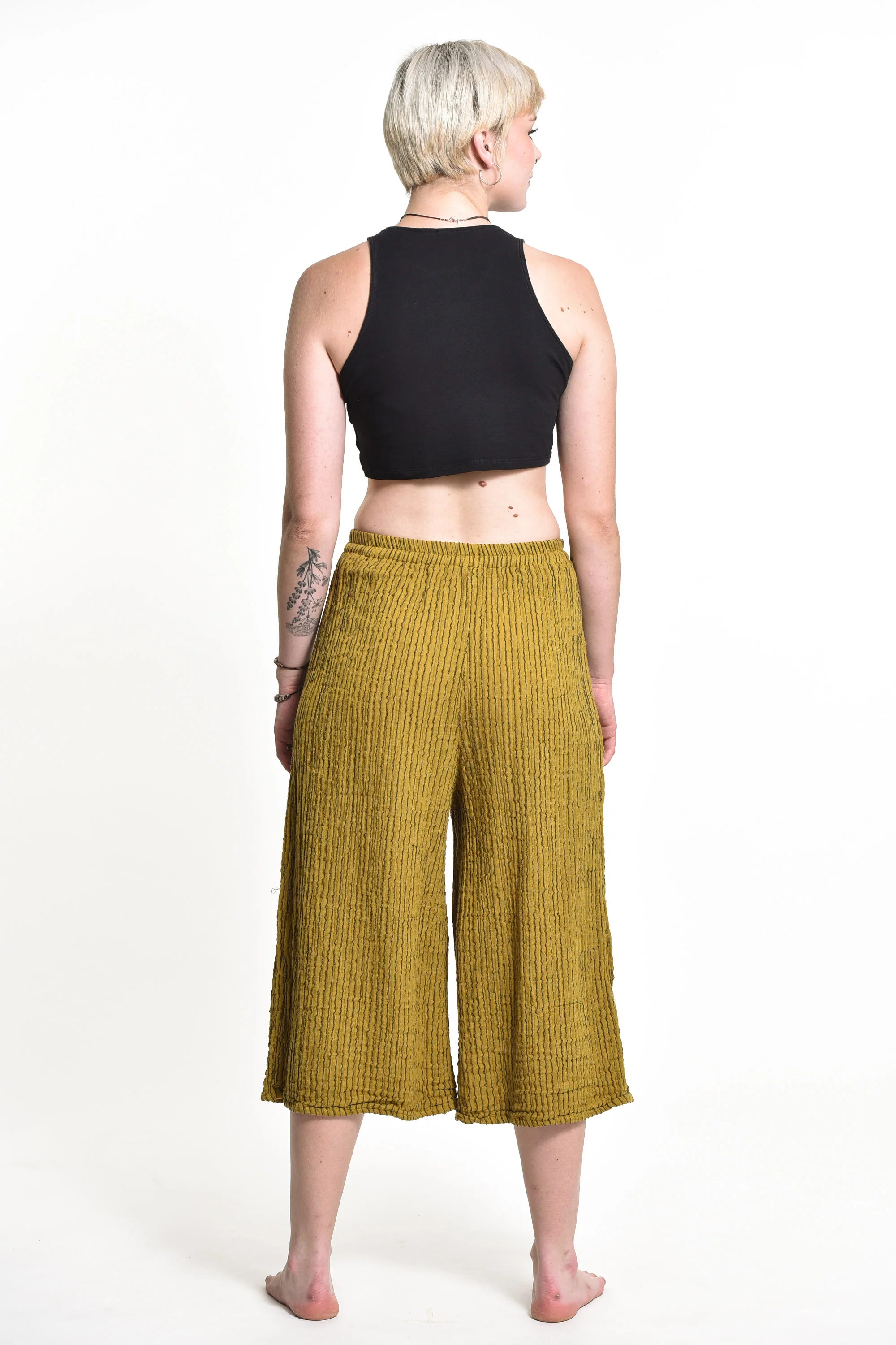 Women's Crinkled Cotton Cropped Pants in Mustard Yellow - Image 4