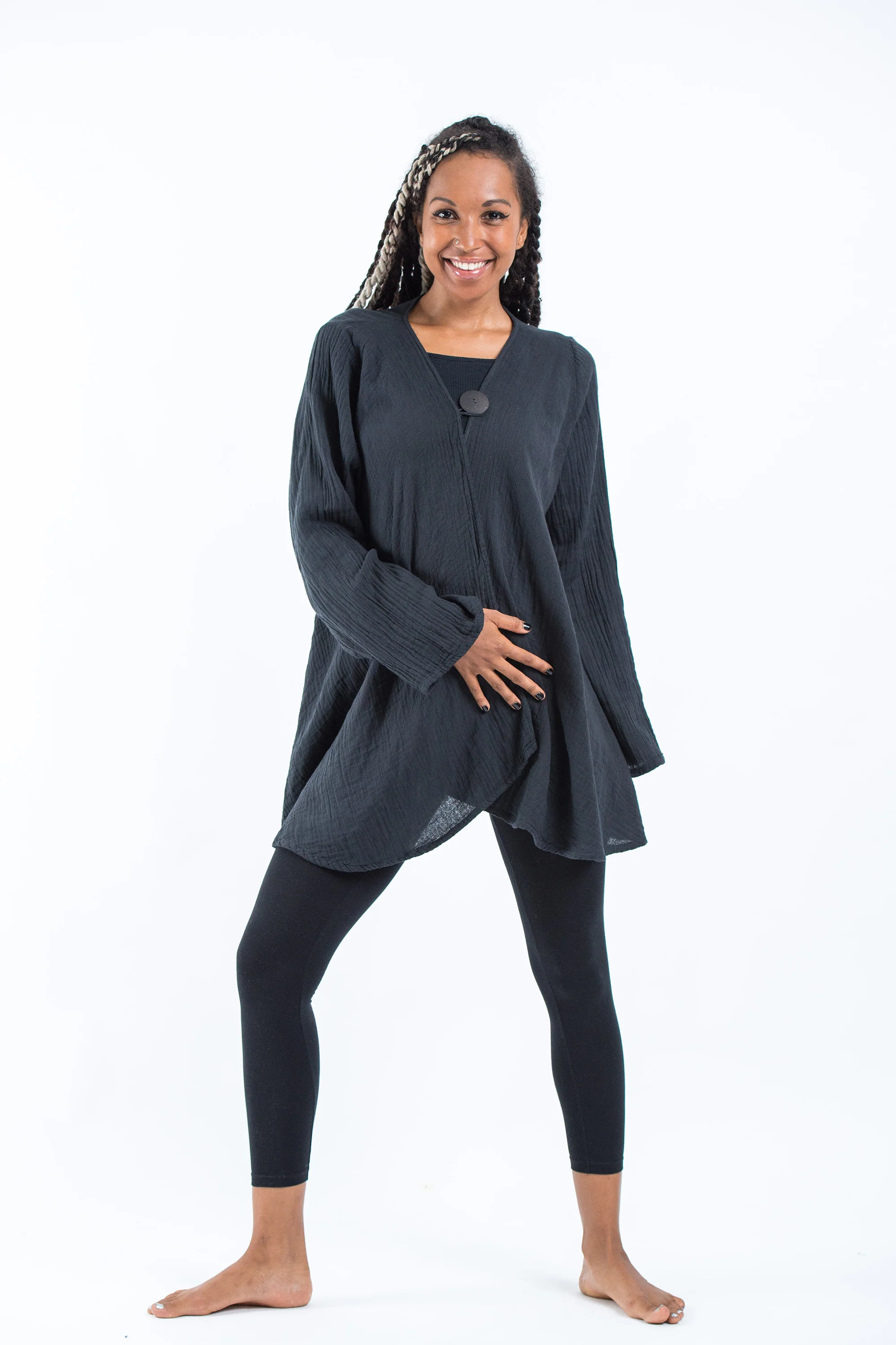 Women's Crinkled Hill Tribe Cotton Cardigan in Black - Image 3