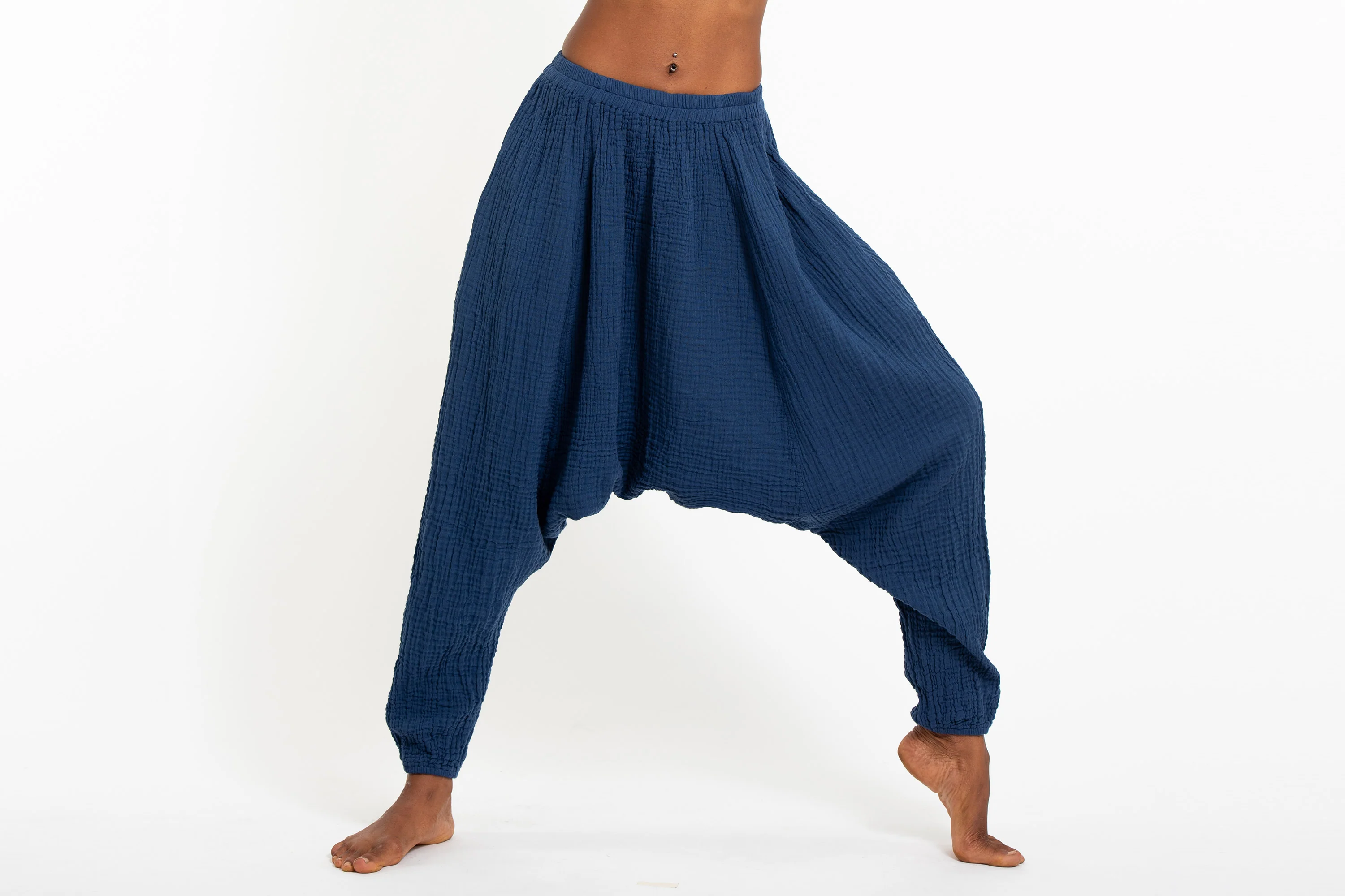 Women's Crinkled Hill Tribe Cotton Harem Pants in Blue - Image 2